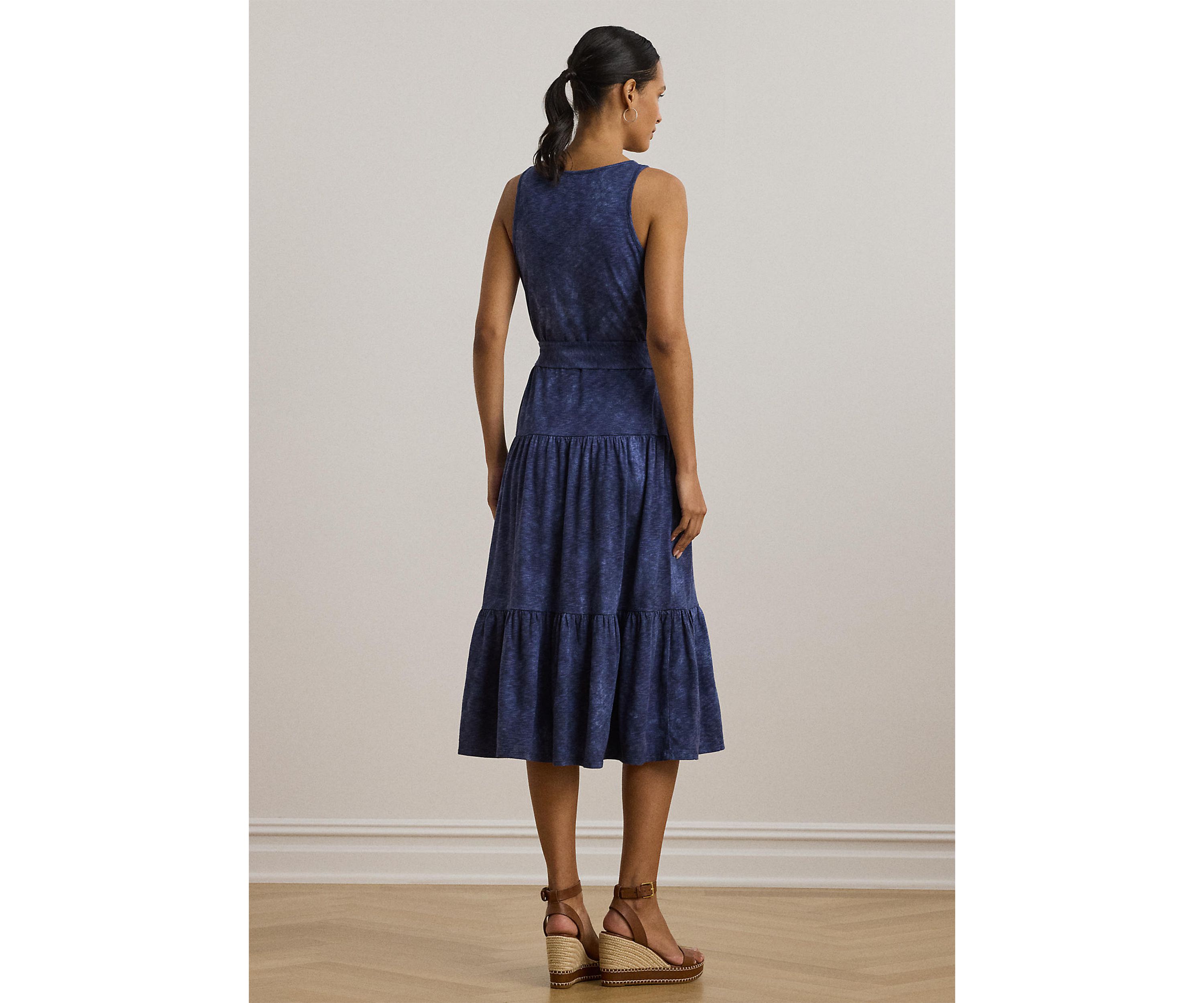 Print Belted Slub Jersey Tiered Dress