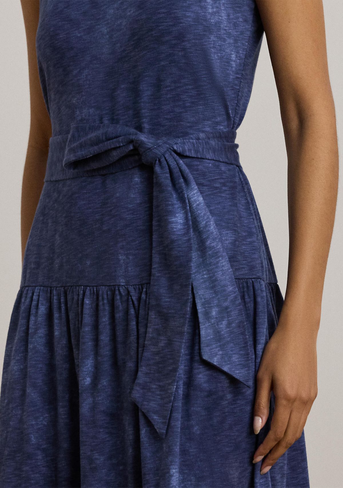 Print Belted Slub Jersey Tiered Dress