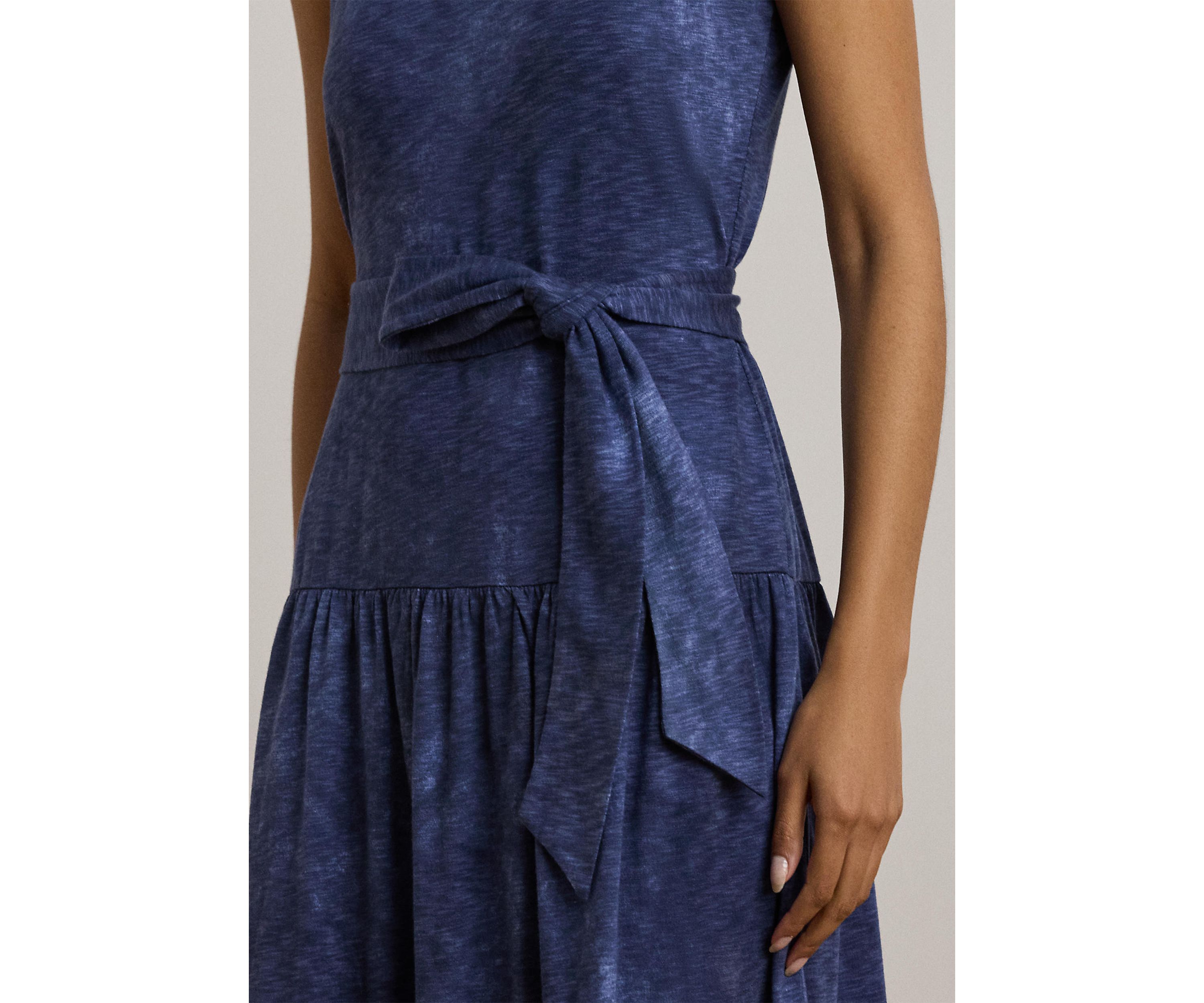 Print Belted Slub Jersey Tiered Dress