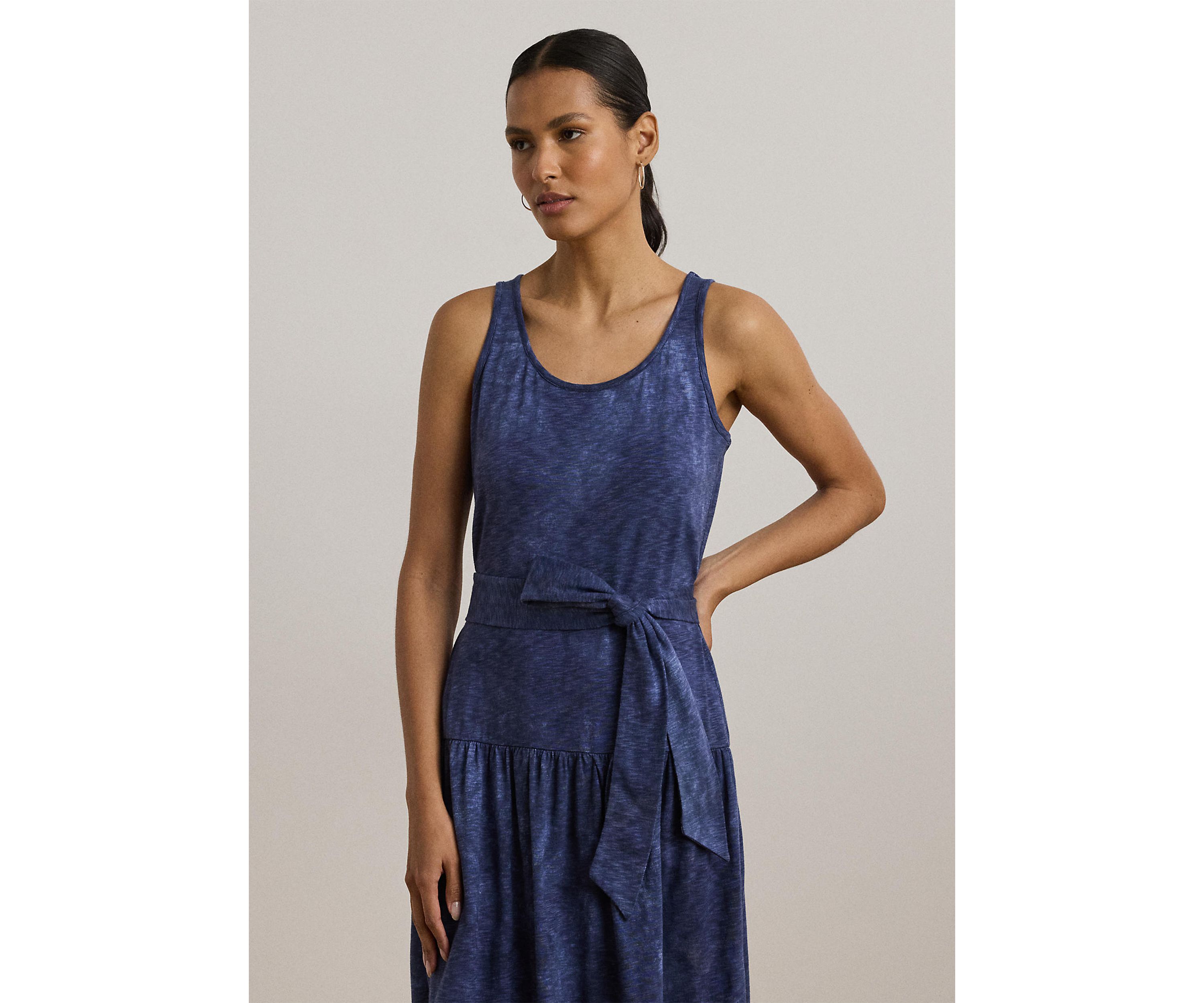 Print Belted Slub Jersey Tiered Dress
