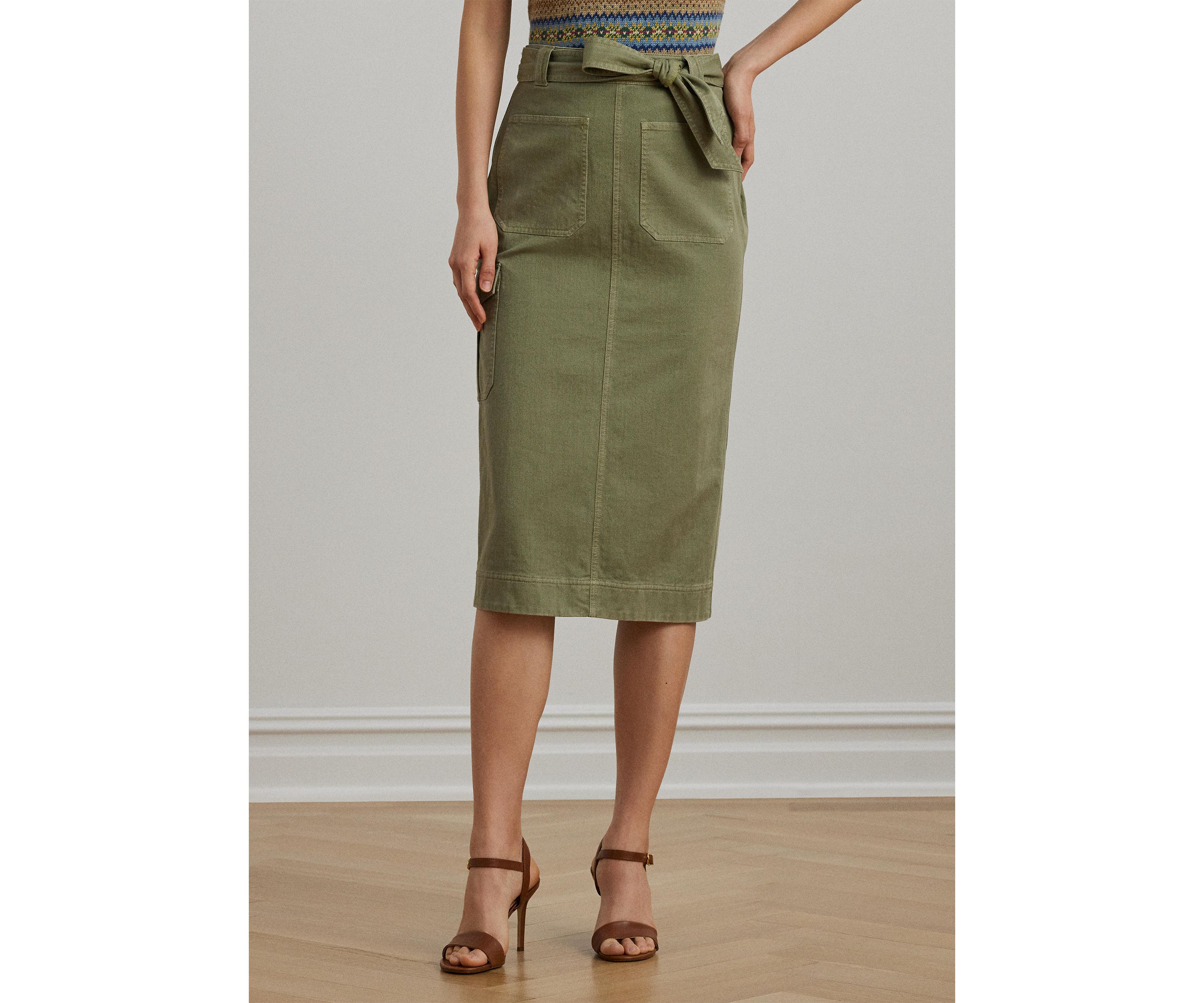 Belted Cotton Twill Pencil Skirt