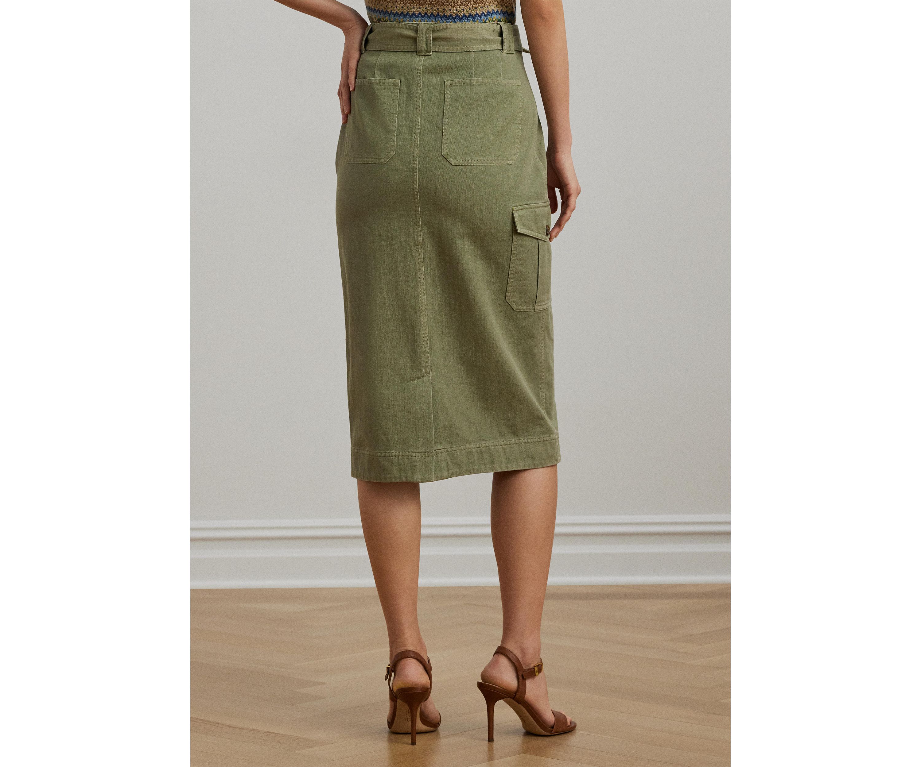Belted Cotton Twill Pencil Skirt