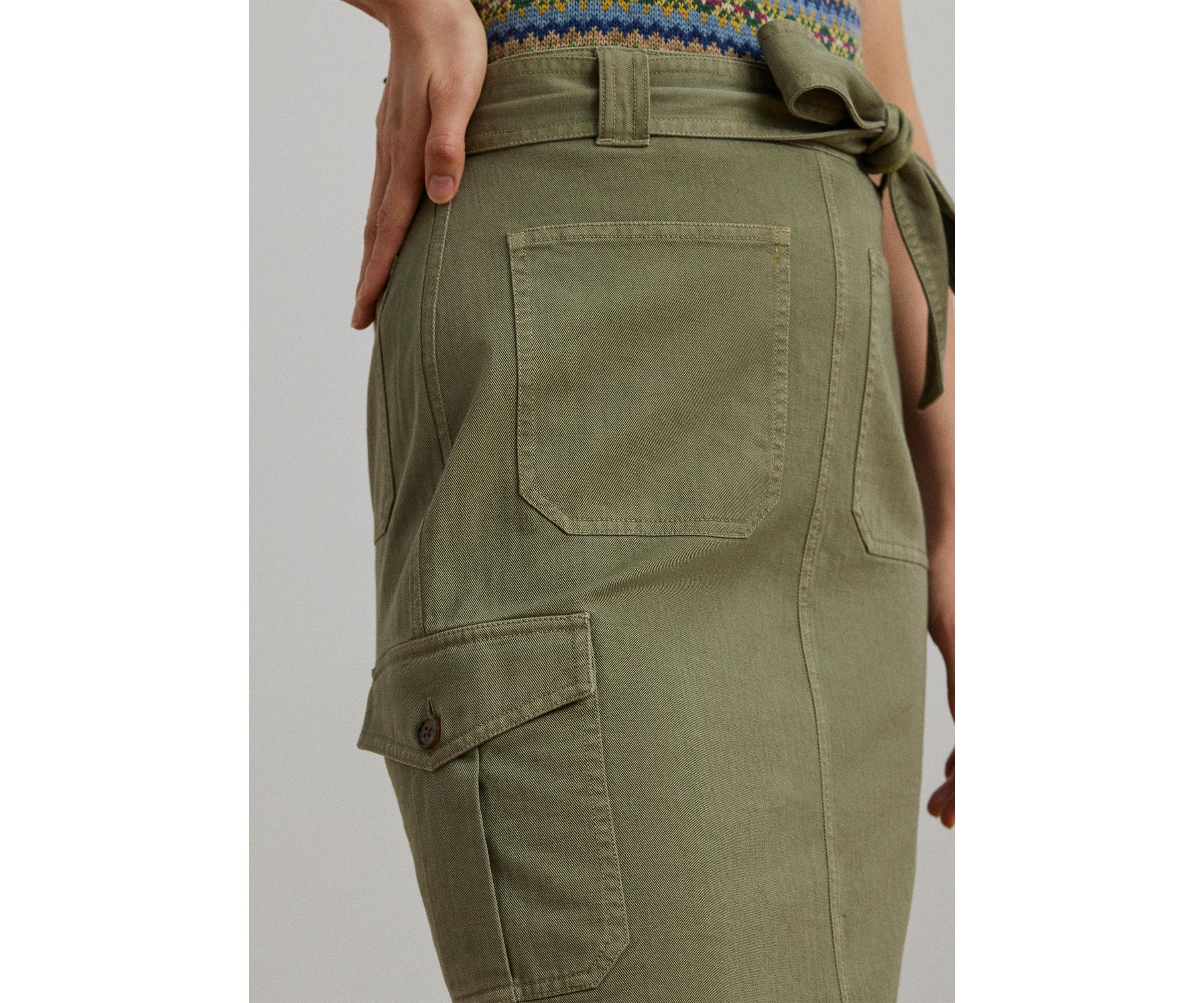 Belted Cotton Twill Pencil Skirt