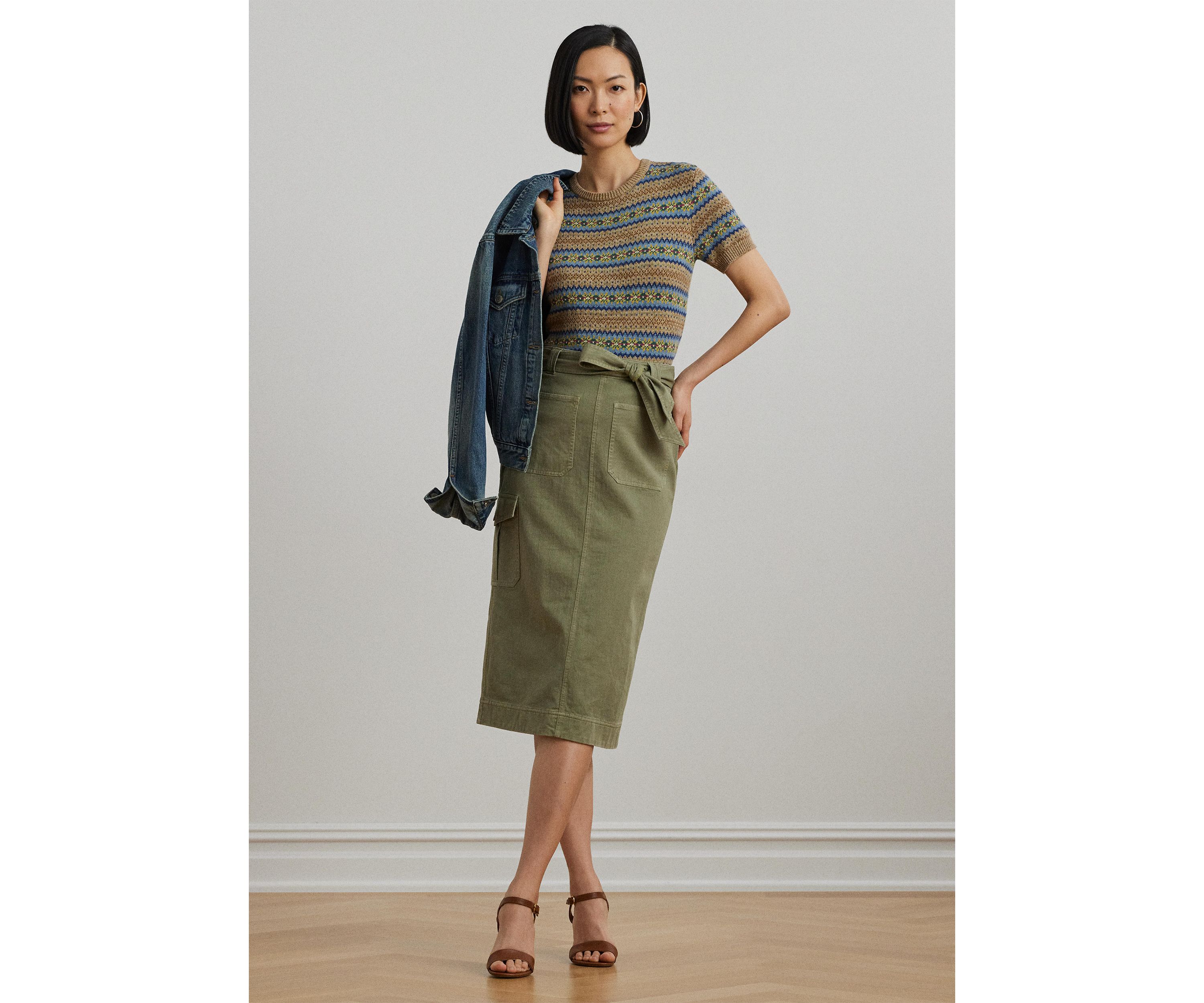 Belted Cotton Twill Pencil Skirt