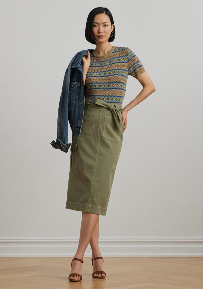 Belted Cotton Twill Pencil Skirt