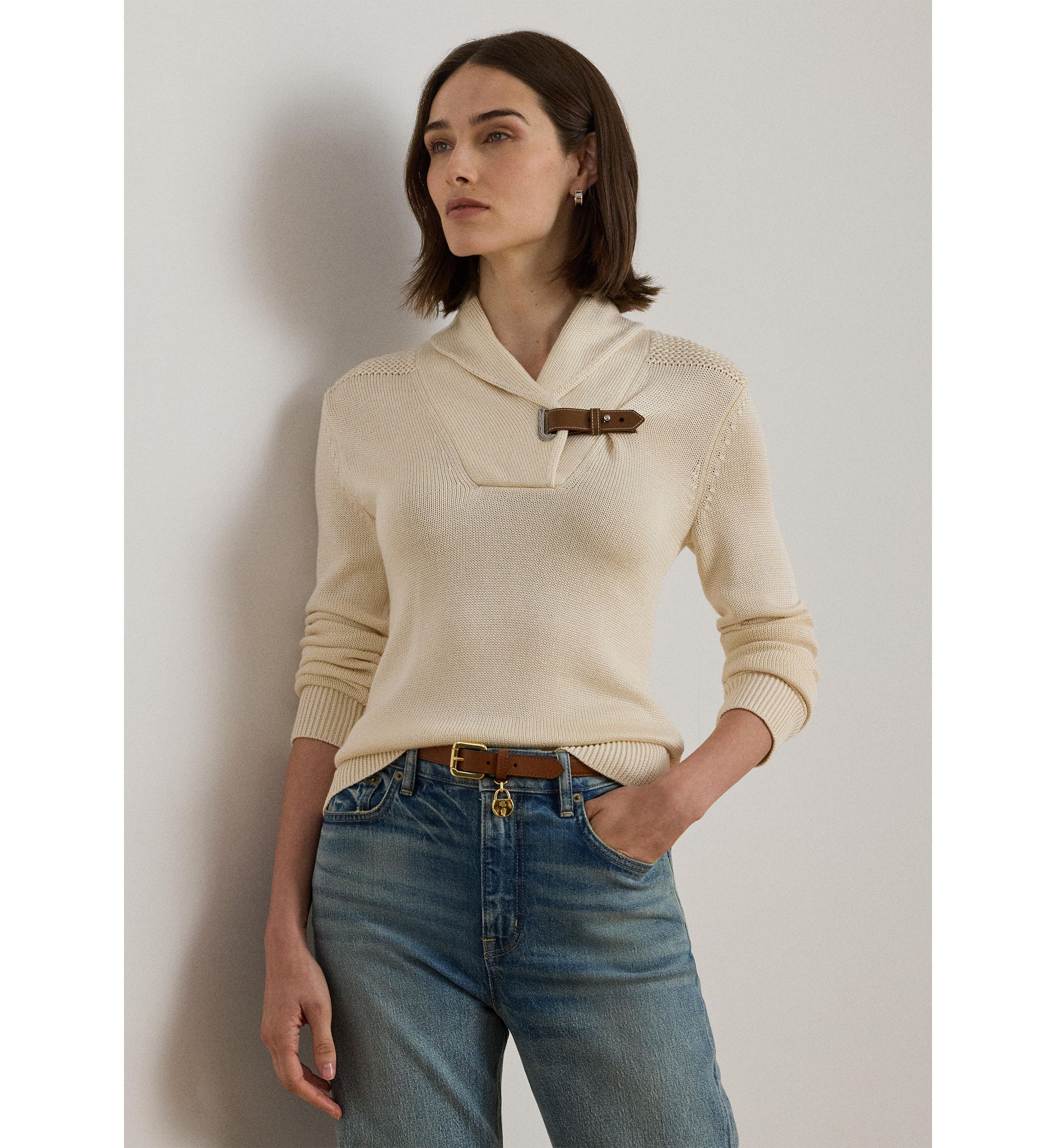 Buckle-Trim Cotton-Blend Sweater