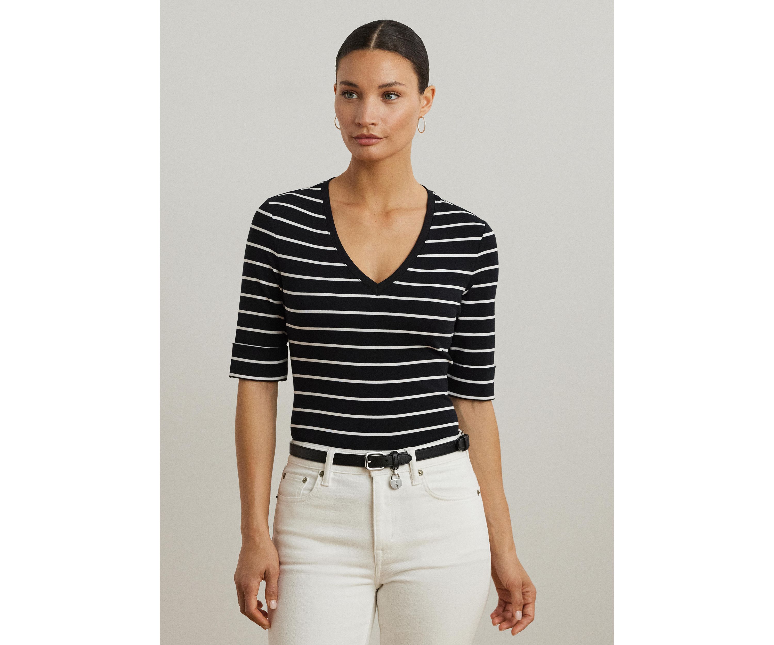 Womens Striped Cotton Elbow Sleeve V-Neck T-Shirt