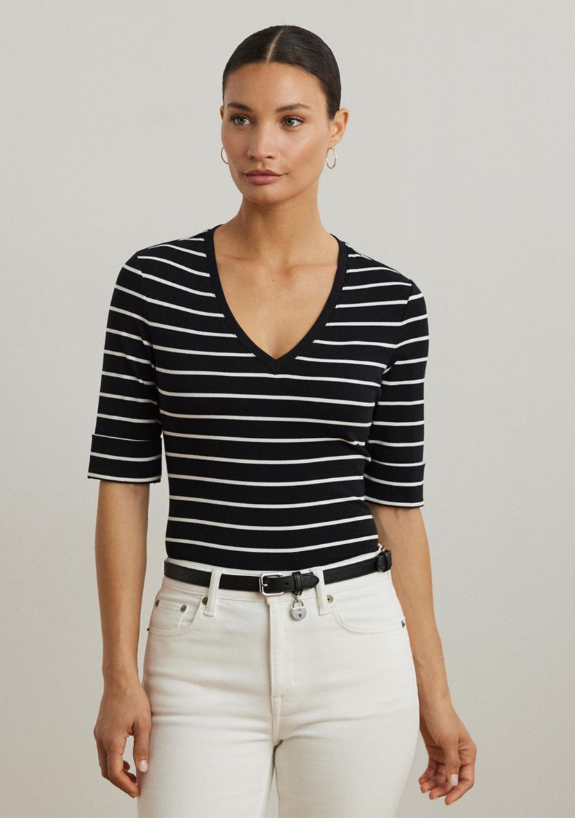 Womens Striped Cotton Elbow Sleeve V-Neck T-Shirt