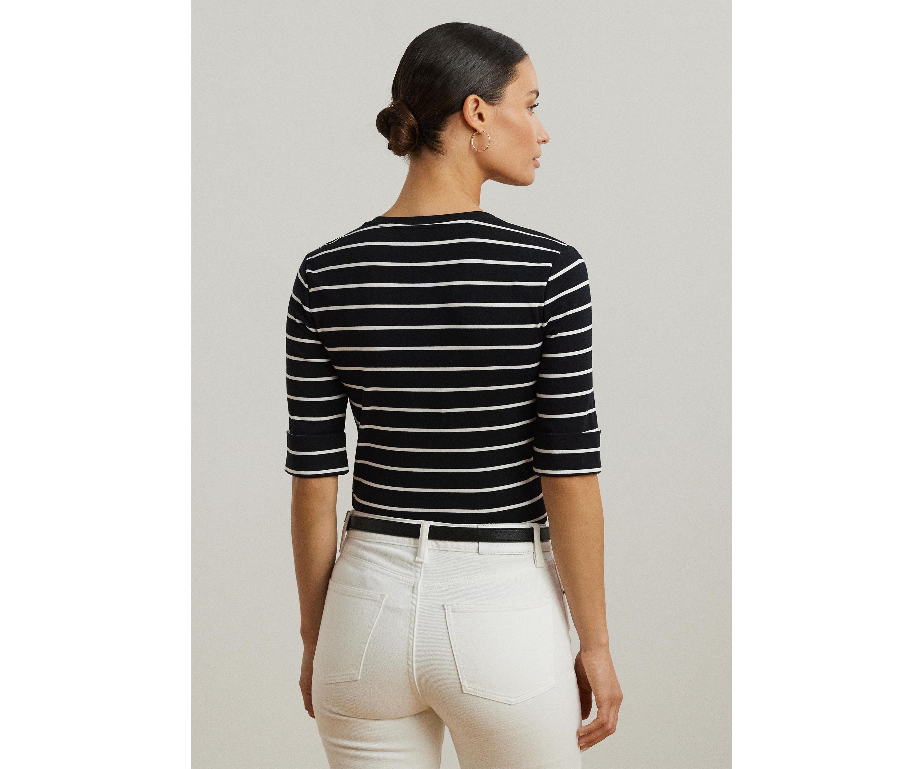 Womens Striped Cotton Elbow Sleeve V-Neck T-Shirt