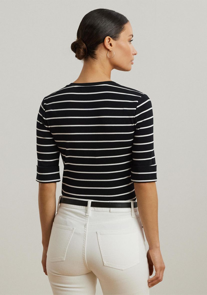 Womens Striped Cotton Elbow Sleeve V-Neck T-Shirt