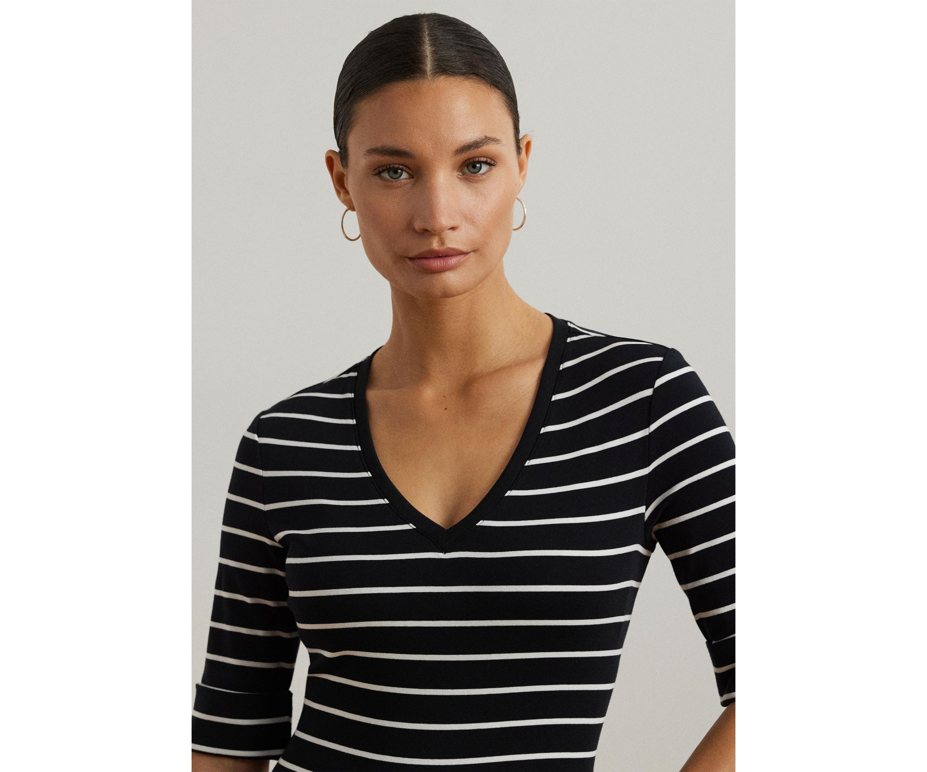 Womens Striped Cotton Elbow Sleeve V-Neck T-Shirt