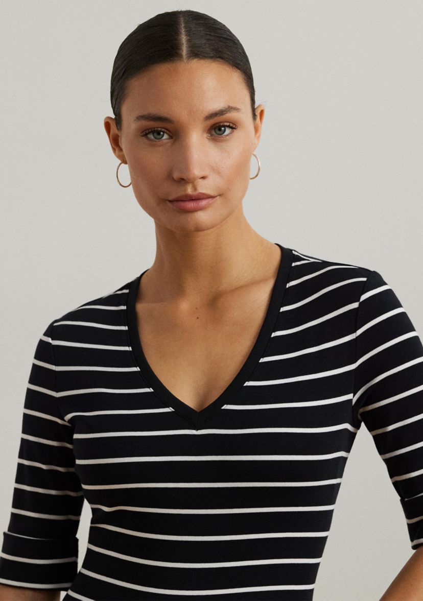 Womens Striped Cotton Elbow Sleeve V-Neck T-Shirt
