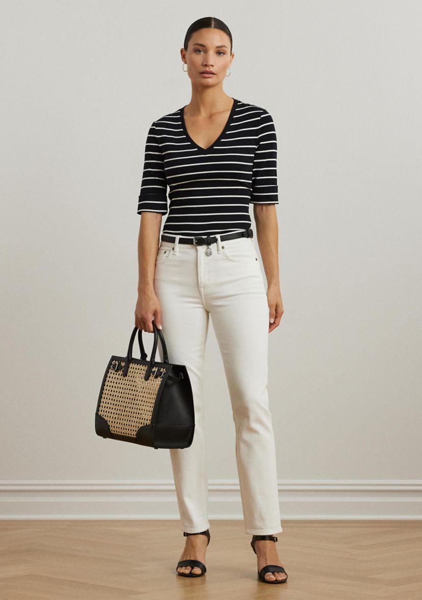 Womens Striped Cotton Elbow Sleeve V-Neck T-Shirt