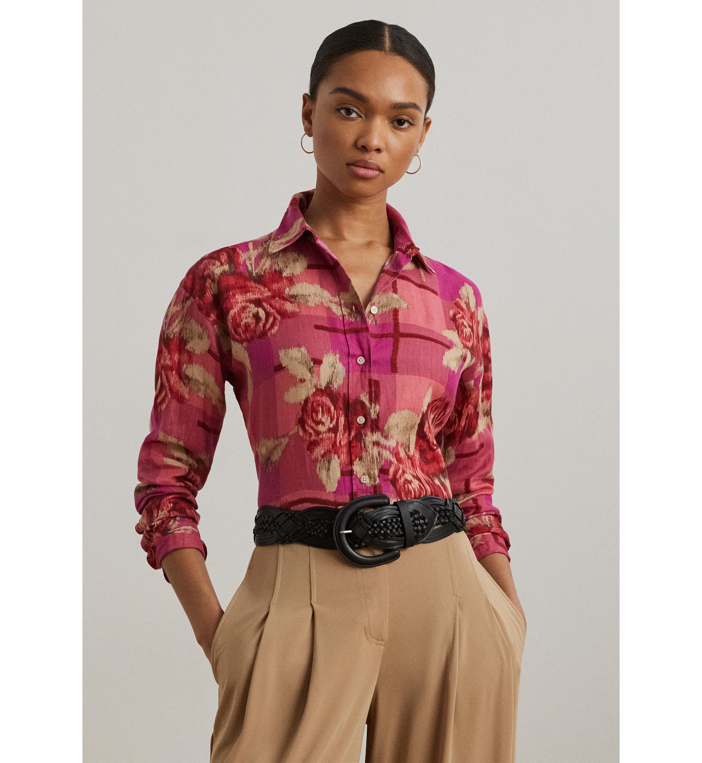Womens Relaxed Fit Floral Linen Shirt