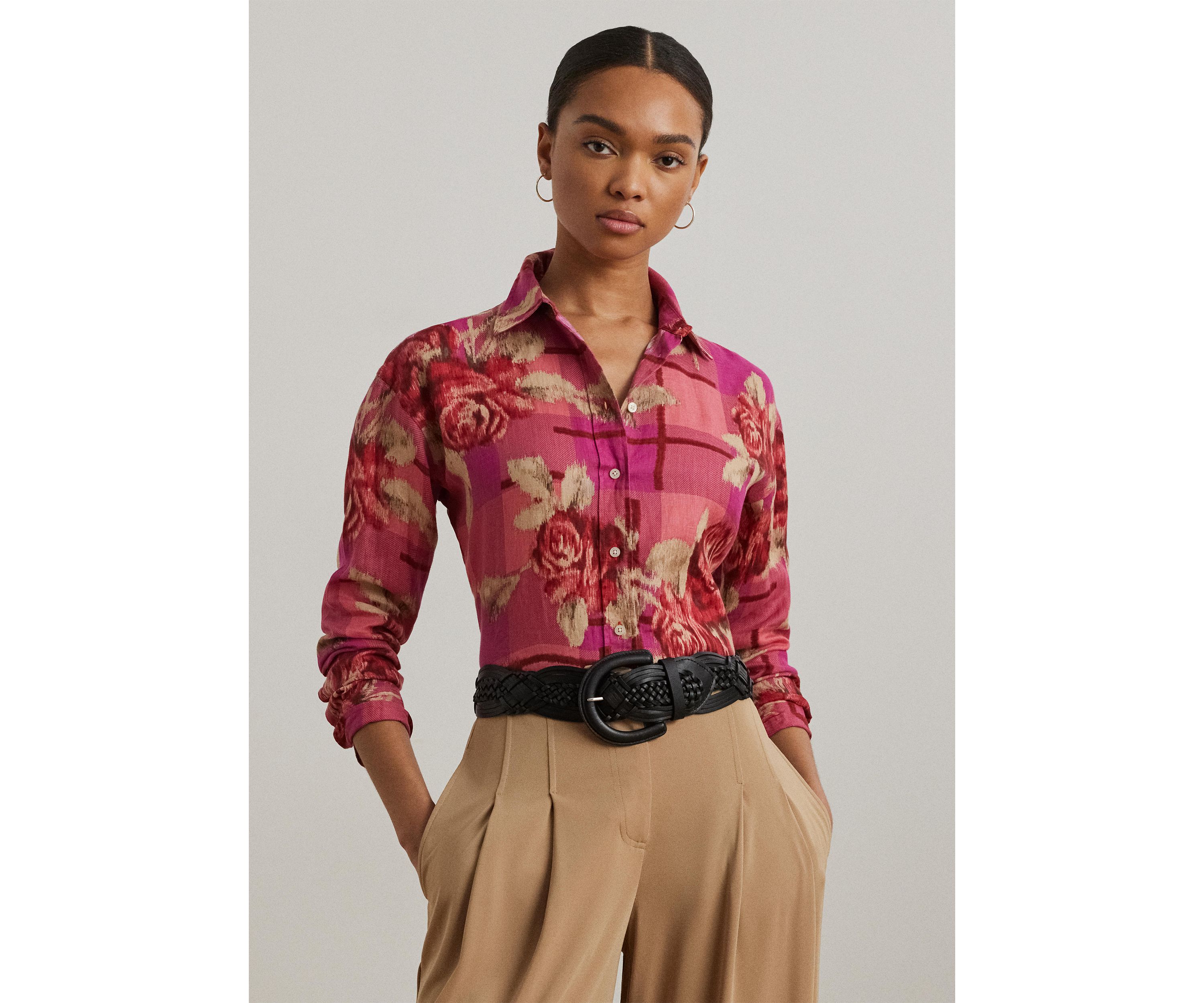 Womens Relaxed Fit Floral Linen Shirt