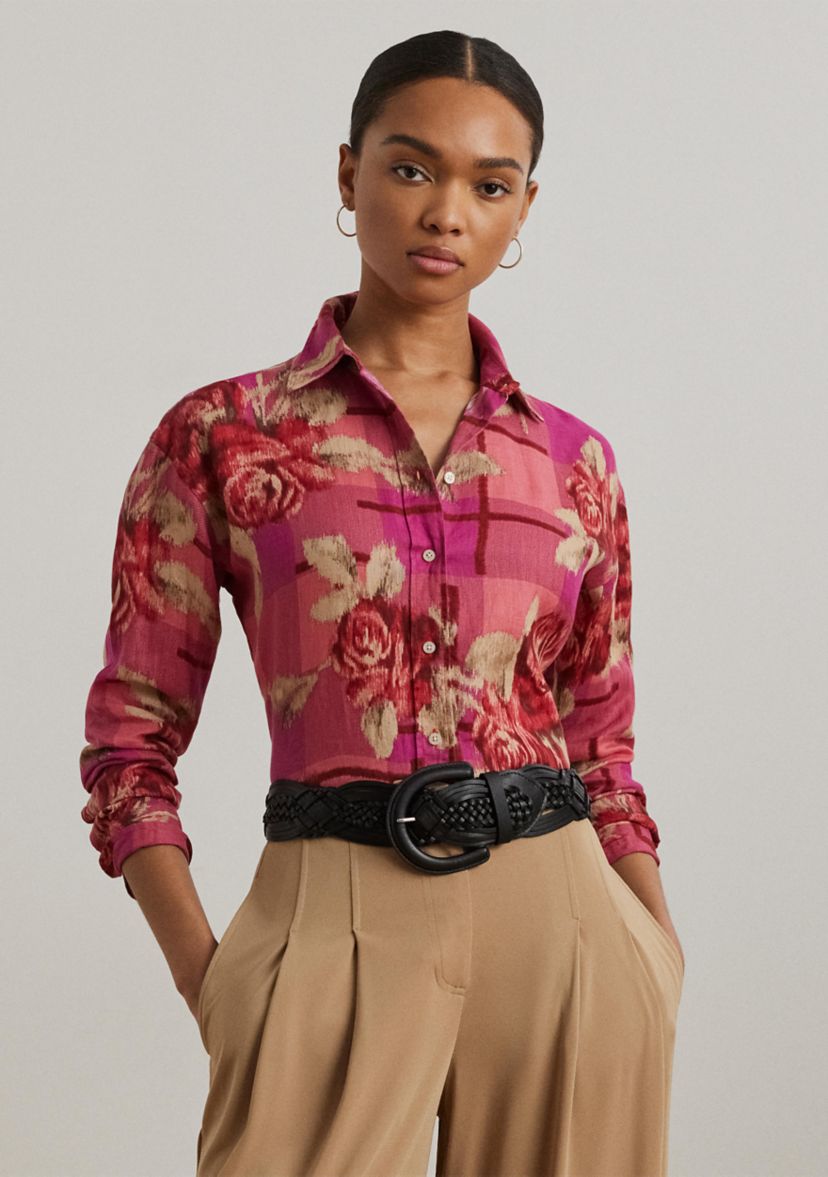 Womens Relaxed Fit Floral Linen Shirt