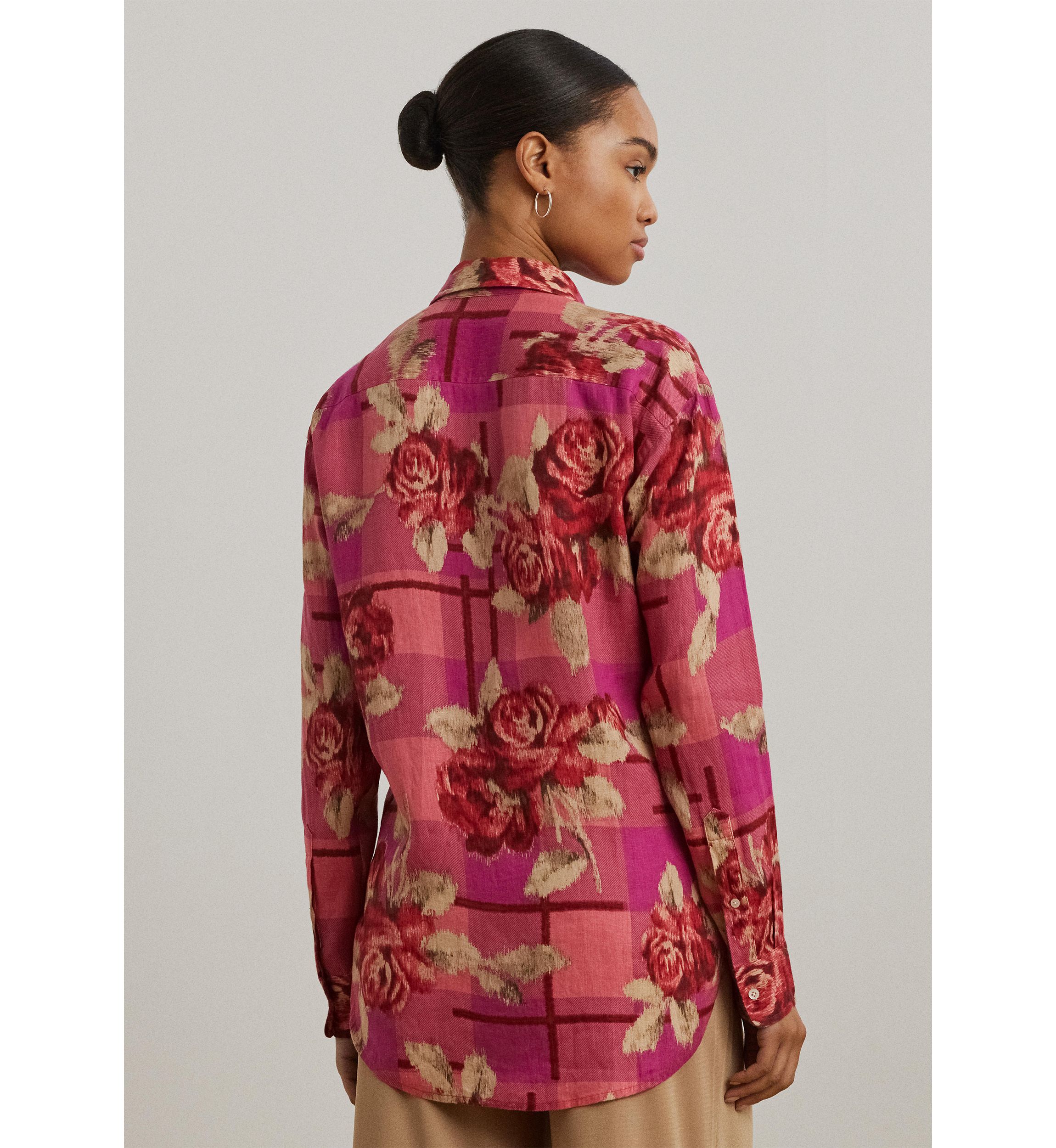 Womens Relaxed Fit Floral Linen Shirt