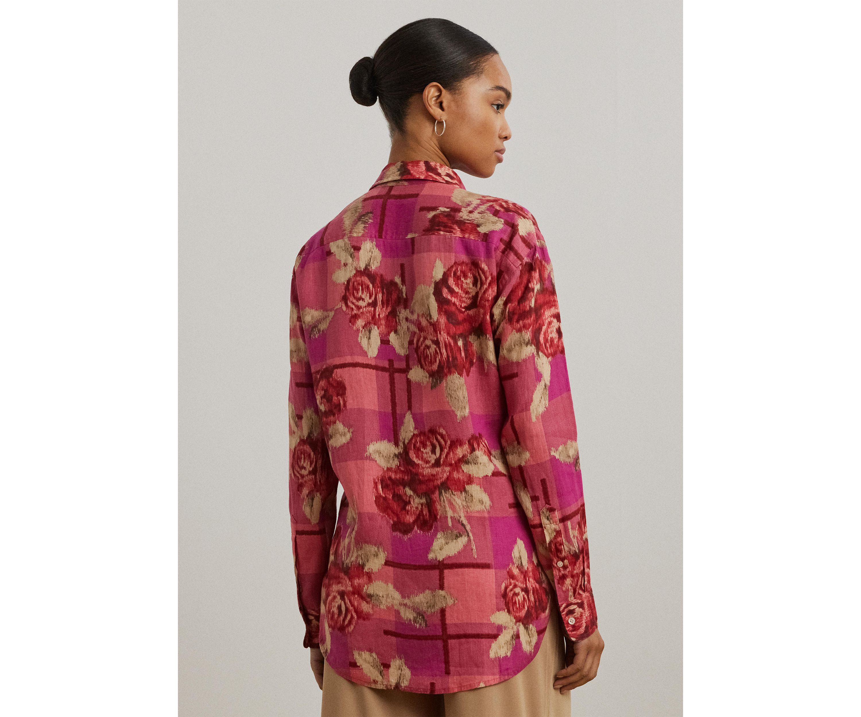 Womens Relaxed Fit Floral Linen Shirt