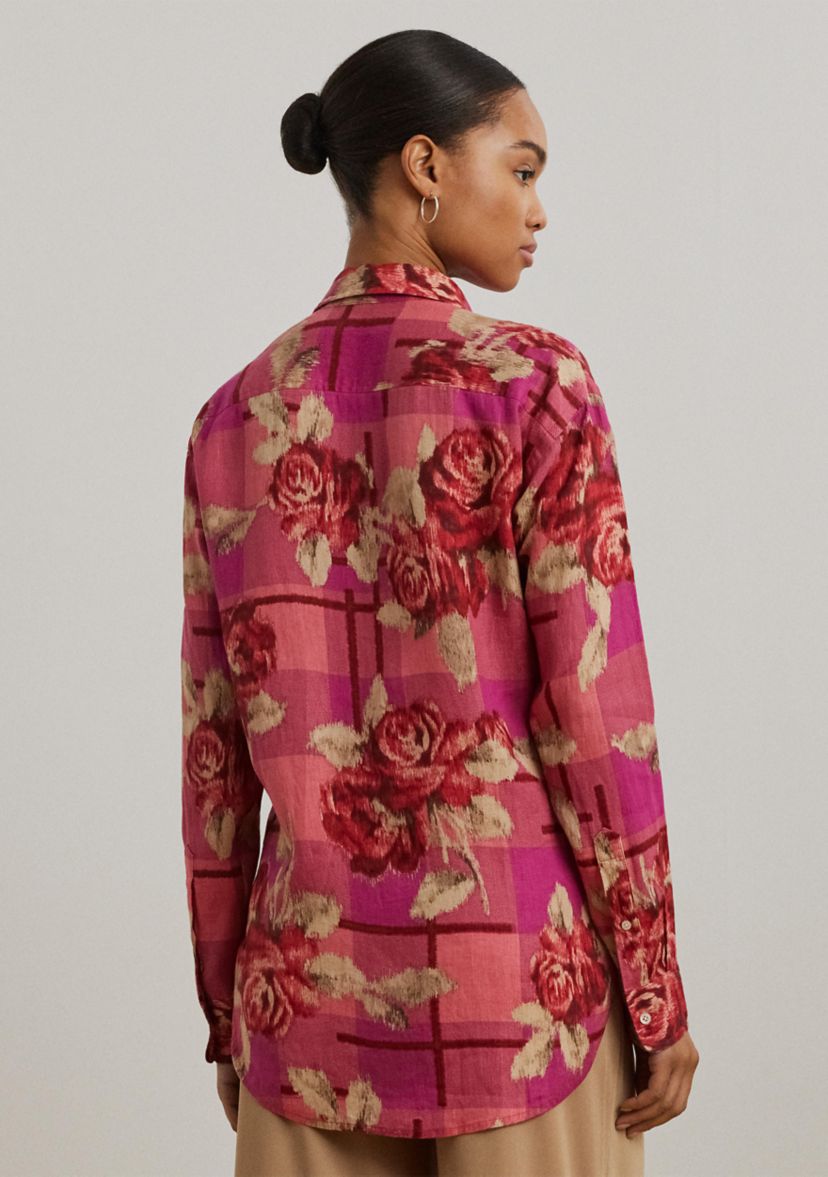 Womens Relaxed Fit Floral Linen Shirt