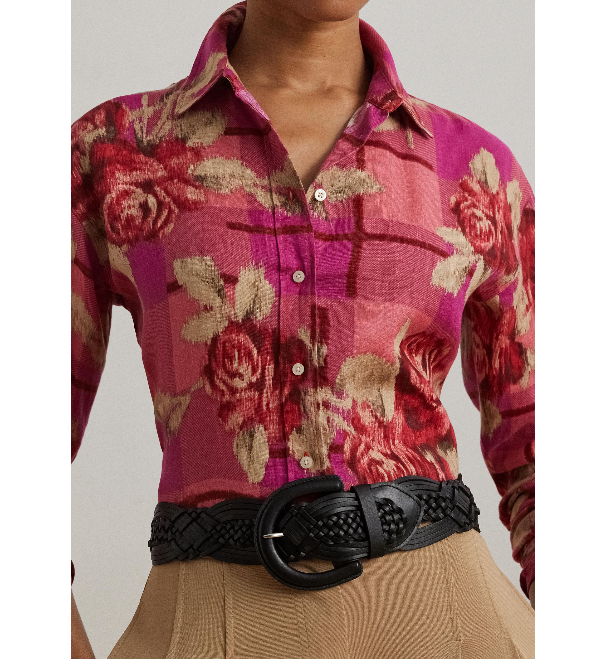 Womens Relaxed Fit Floral Linen Shirt