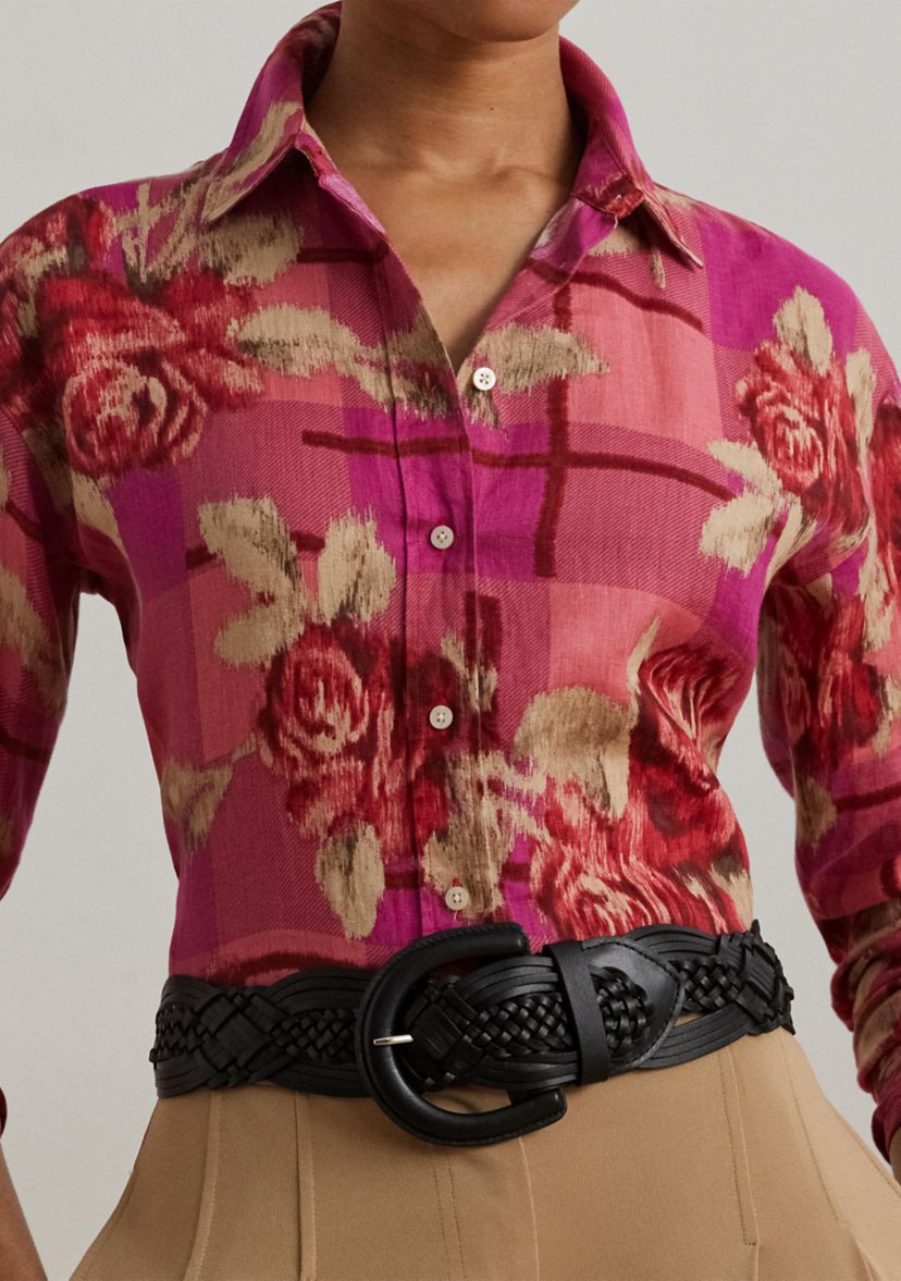 Womens Relaxed Fit Floral Linen Shirt
