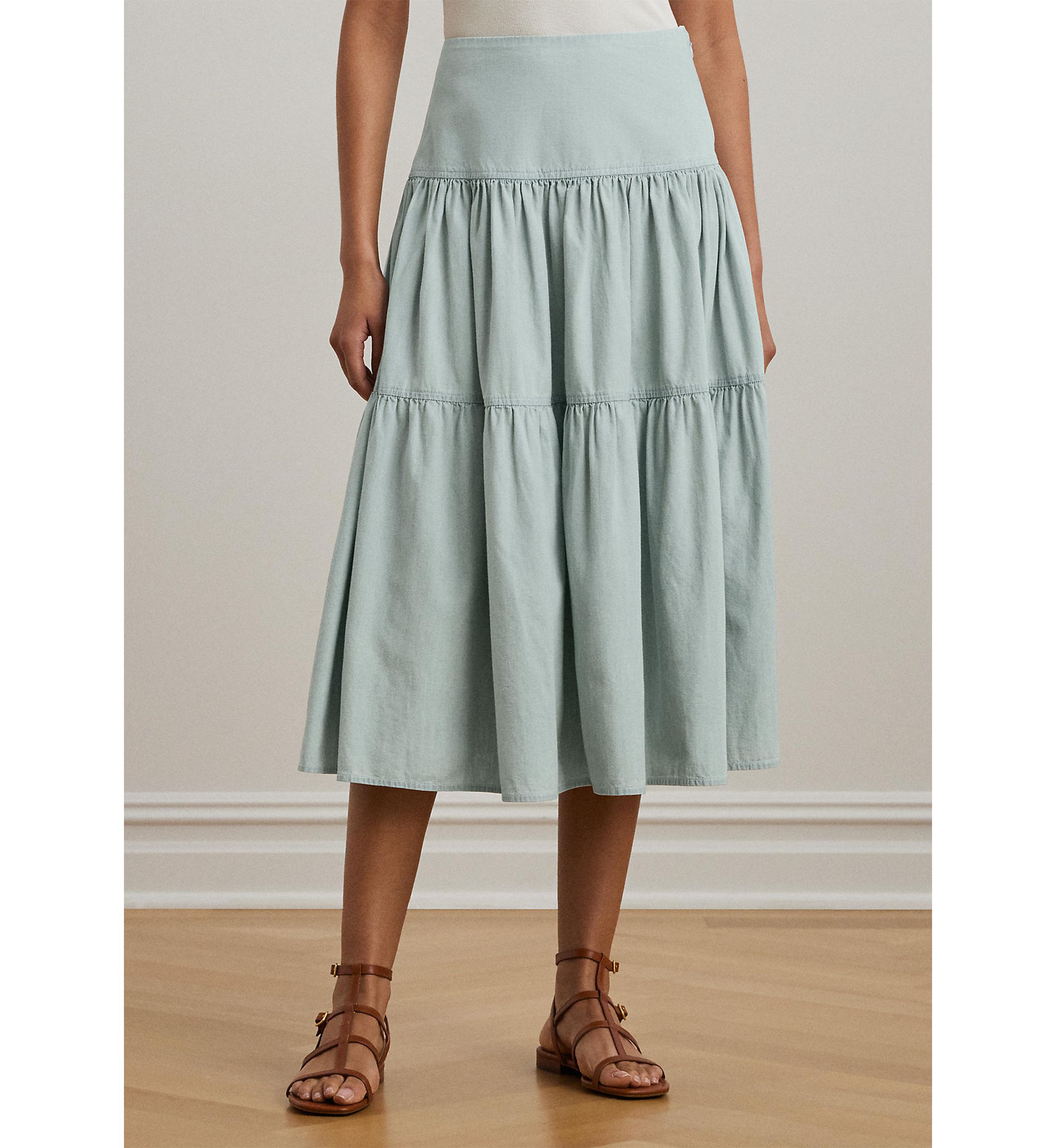 Chambray Tiered Midi Skirt