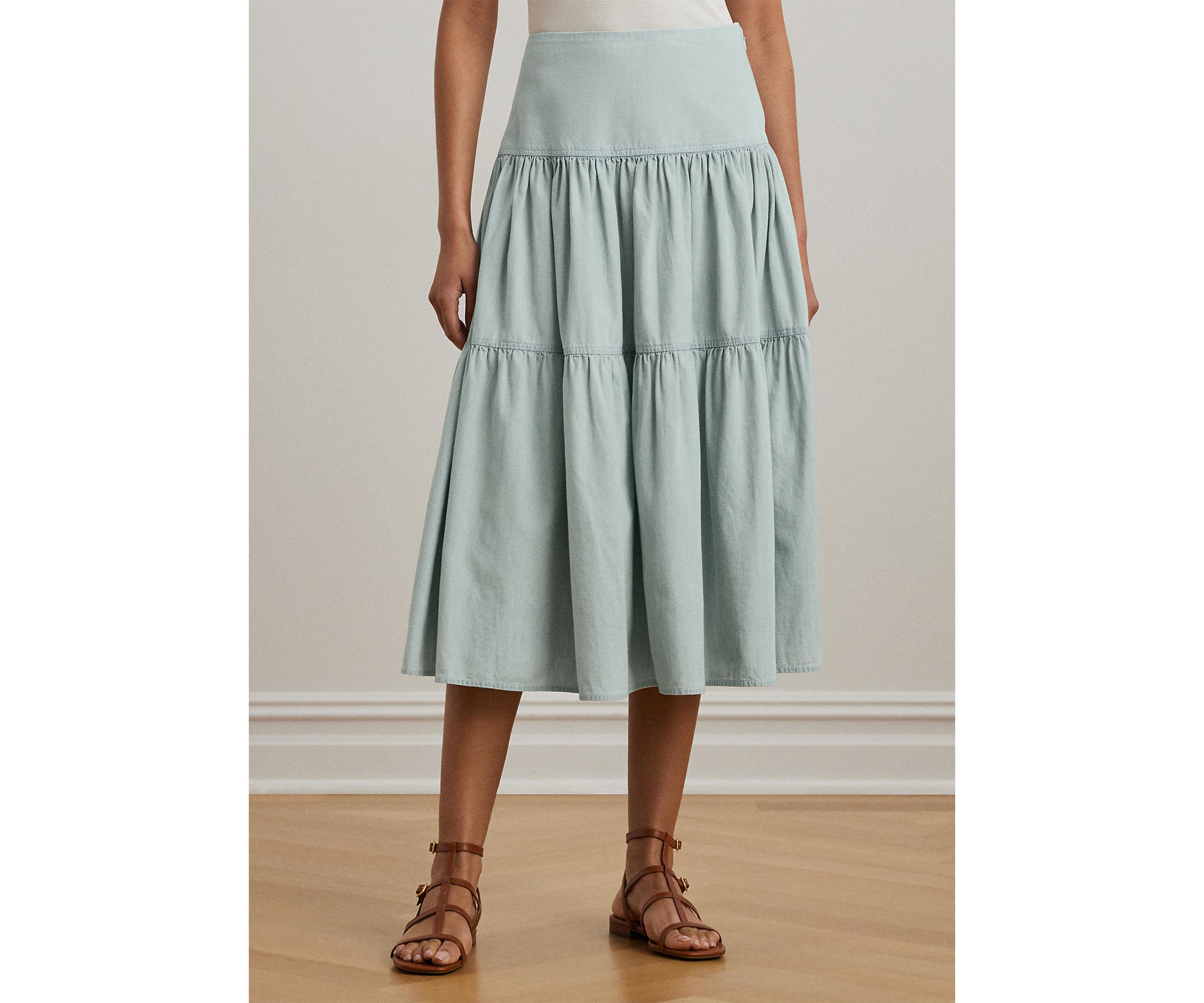Chambray Tiered Midi Skirt