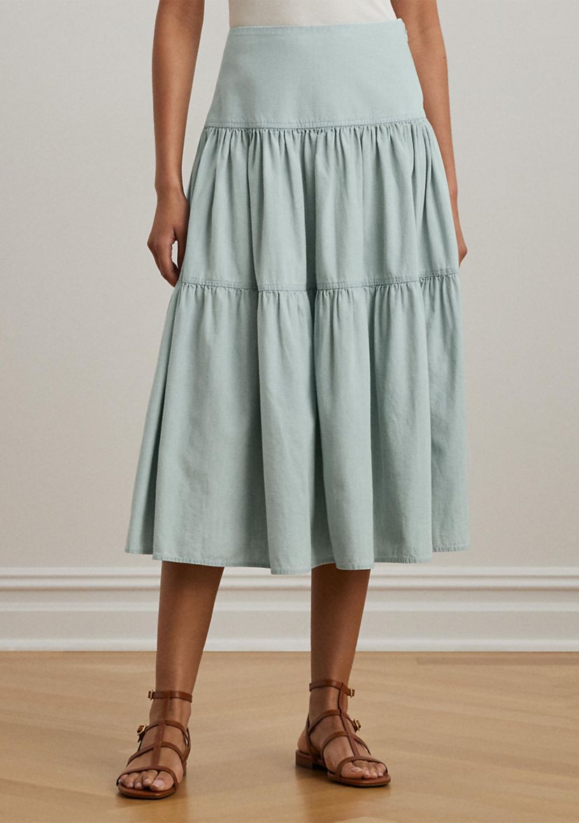 Chambray Tiered Midi Skirt
