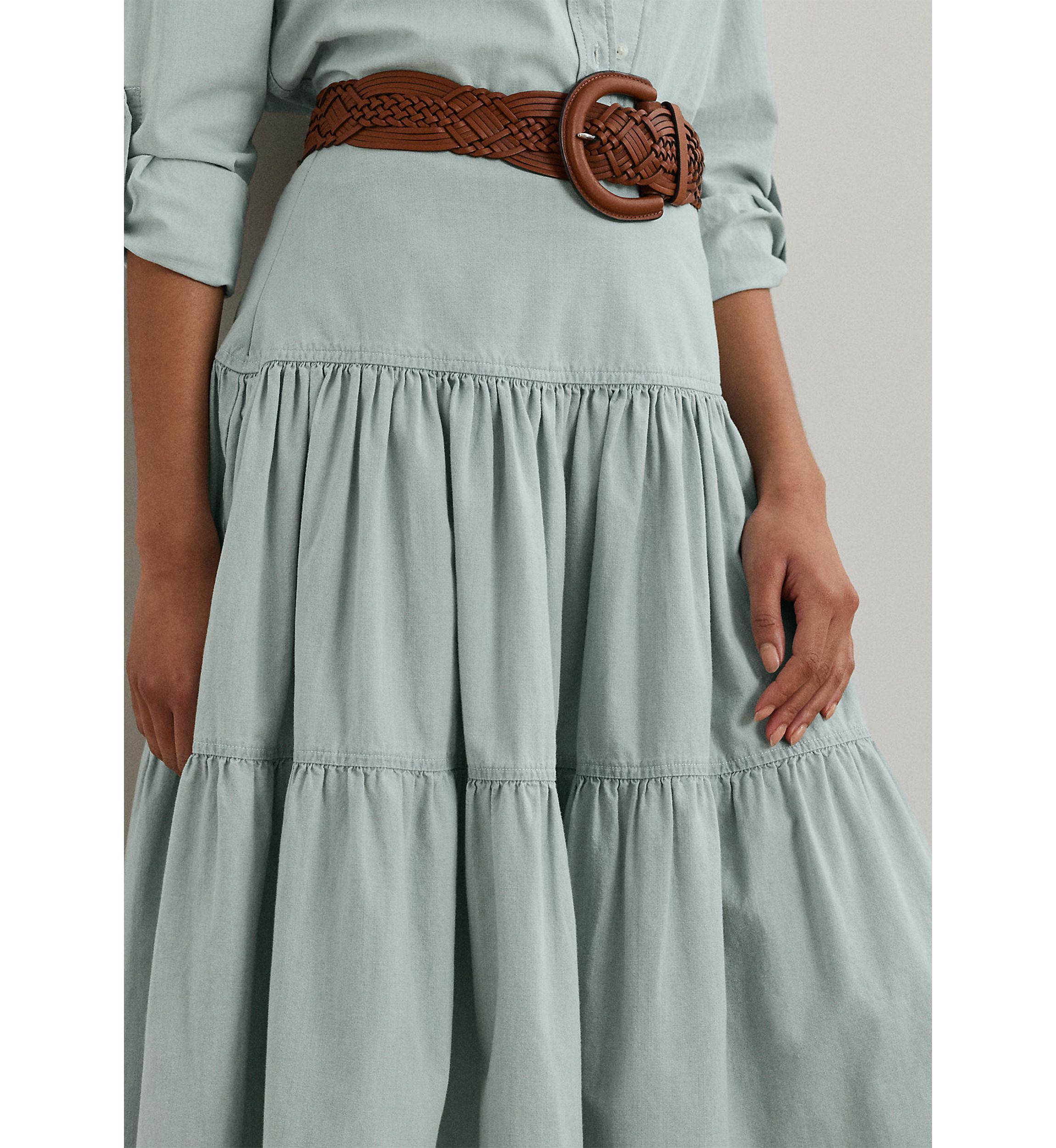 Chambray Tiered Midi Skirt