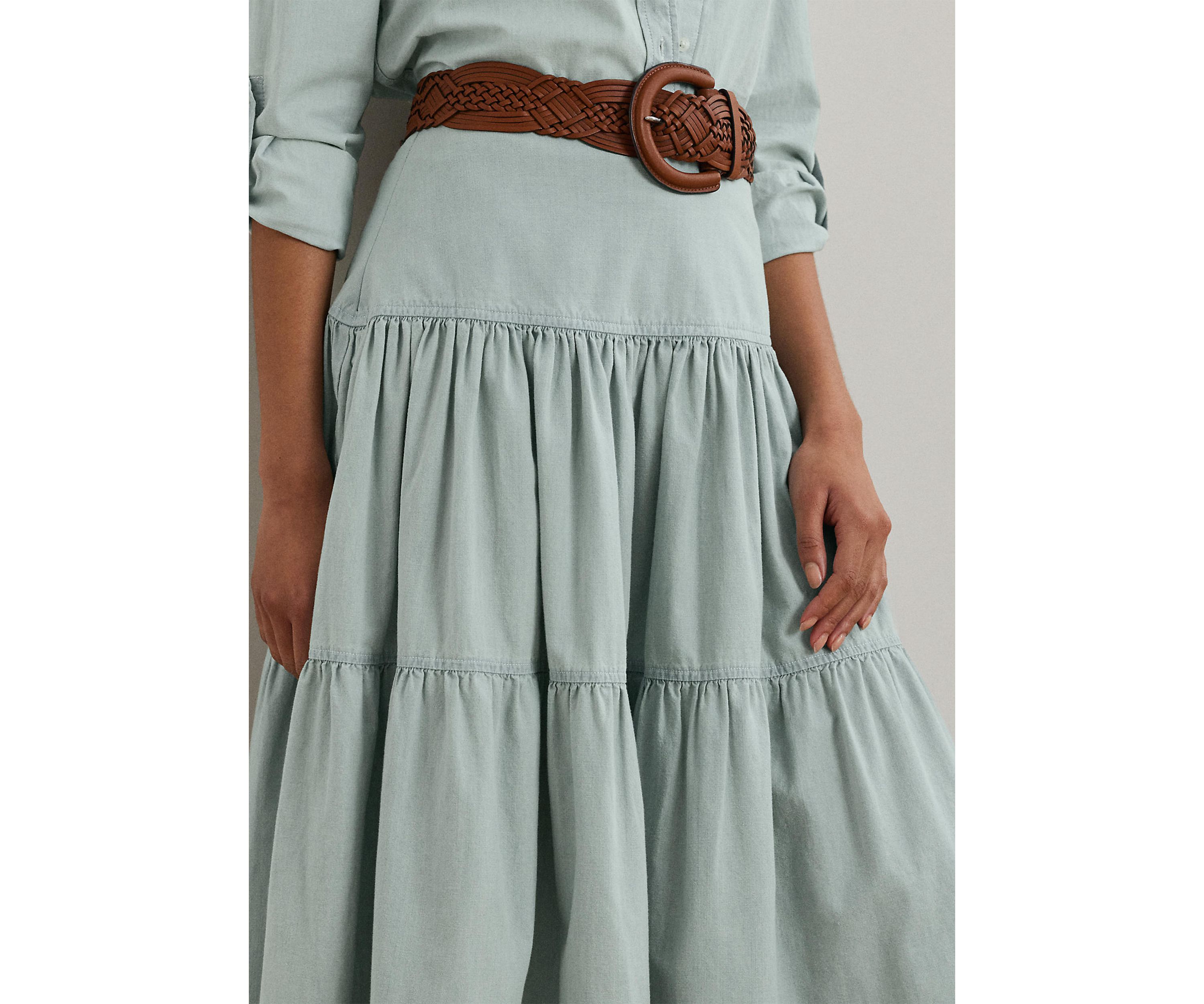 Chambray Tiered Midi Skirt