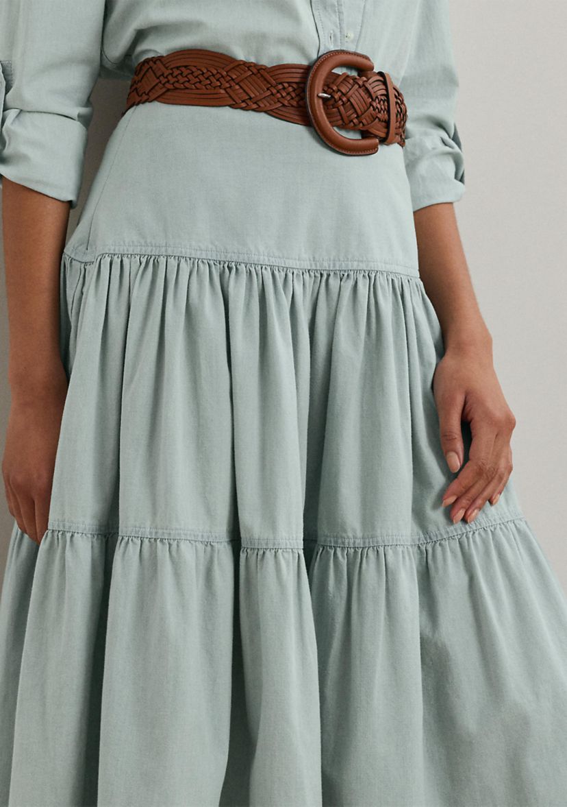 Chambray Tiered Midi Skirt