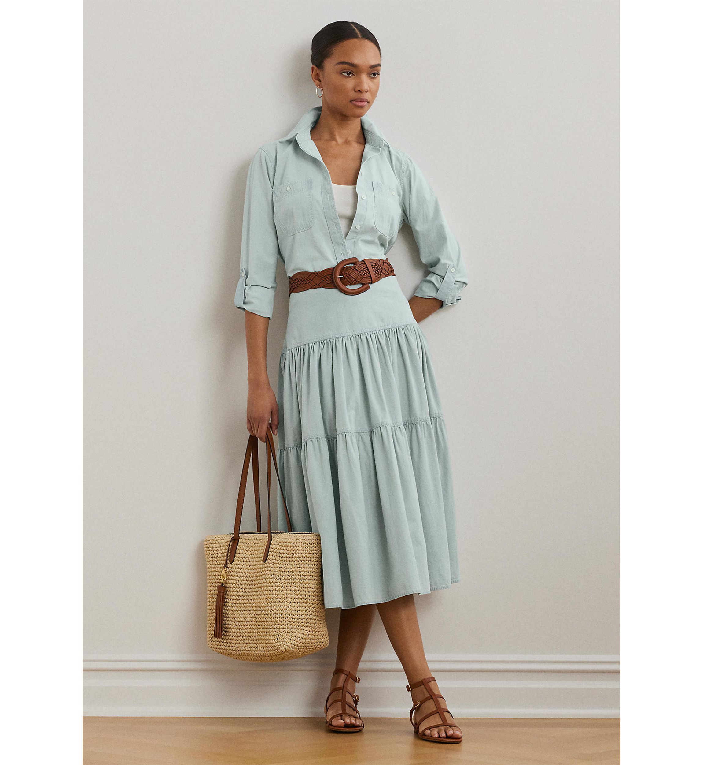 Chambray Tiered Midi Skirt