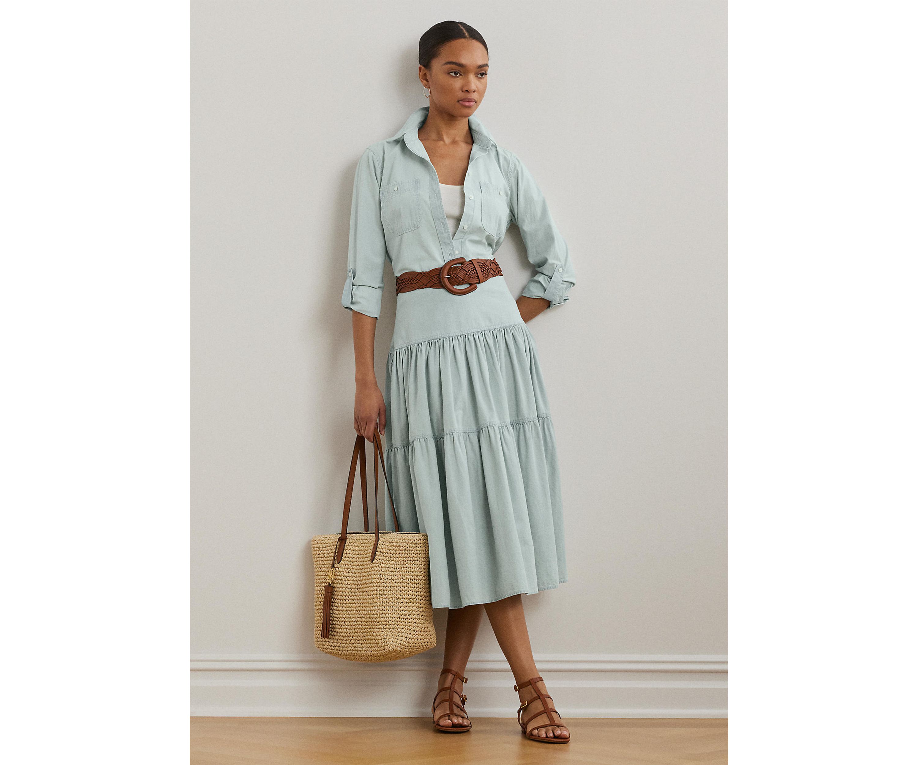 Chambray Tiered Midi Skirt