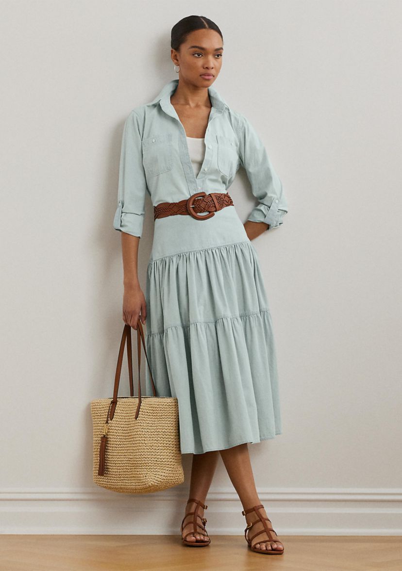 Chambray Tiered Midi Skirt
