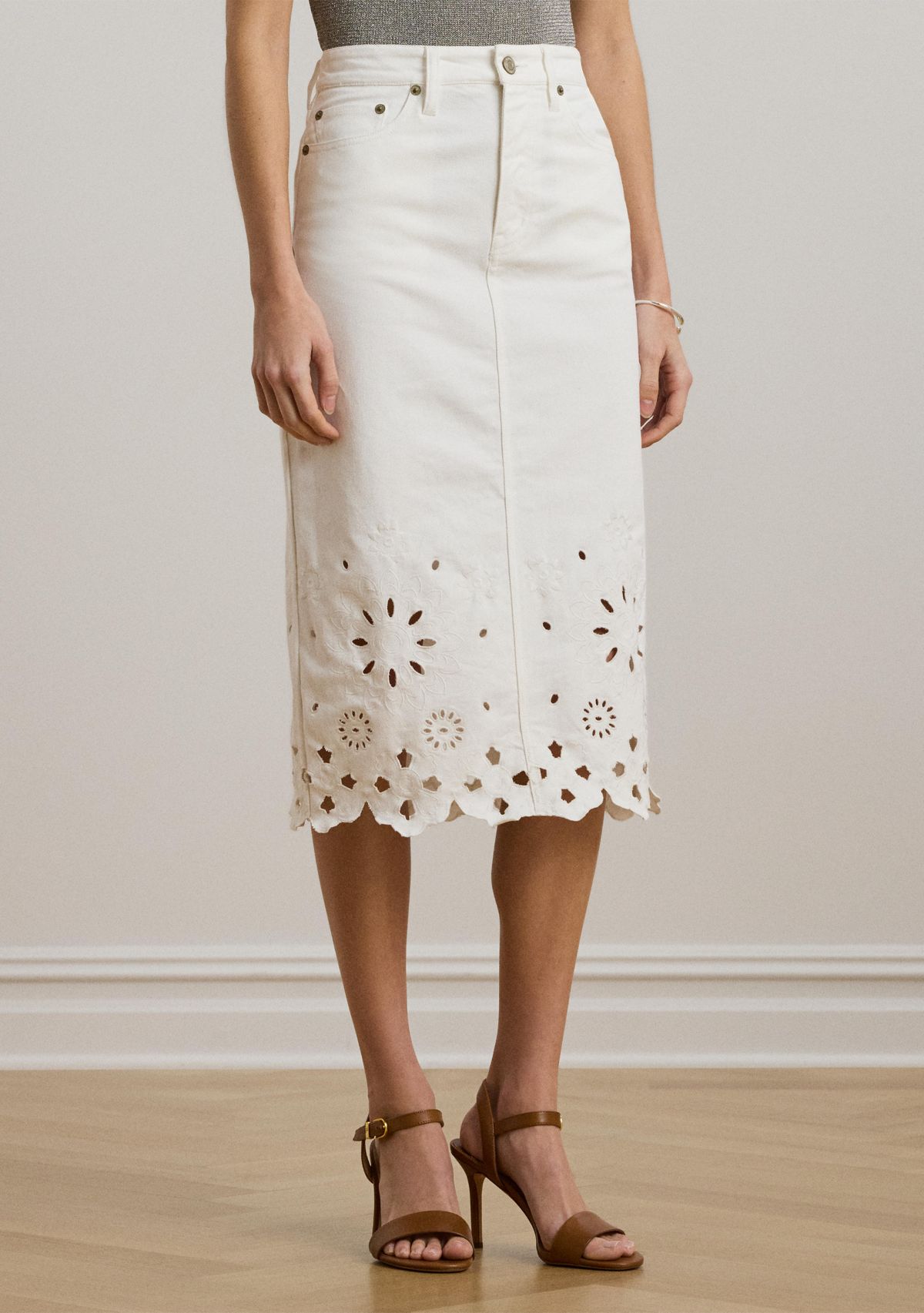 Eyelet Denim Midi Skirt