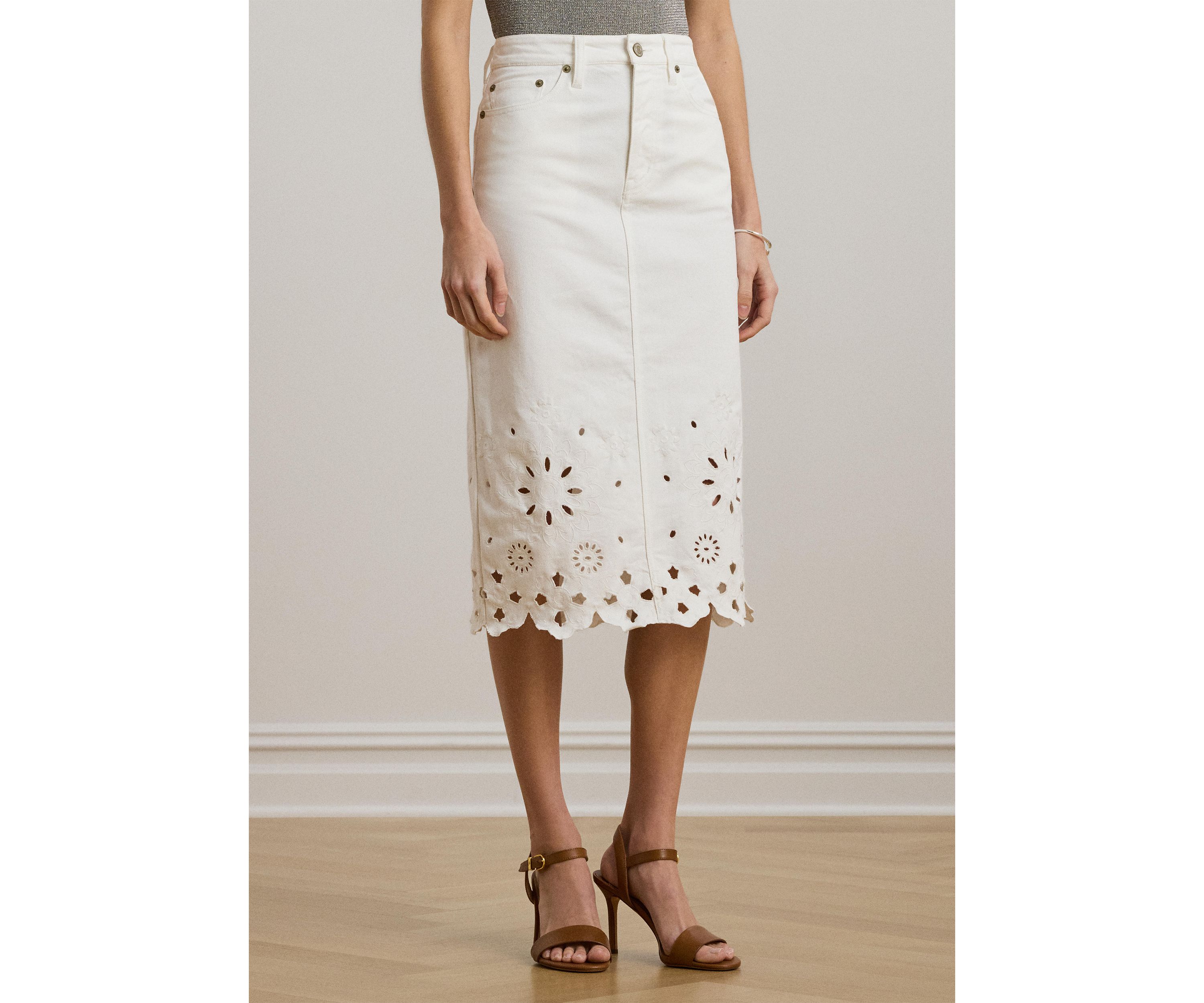 Eyelet Denim Midi Skirt