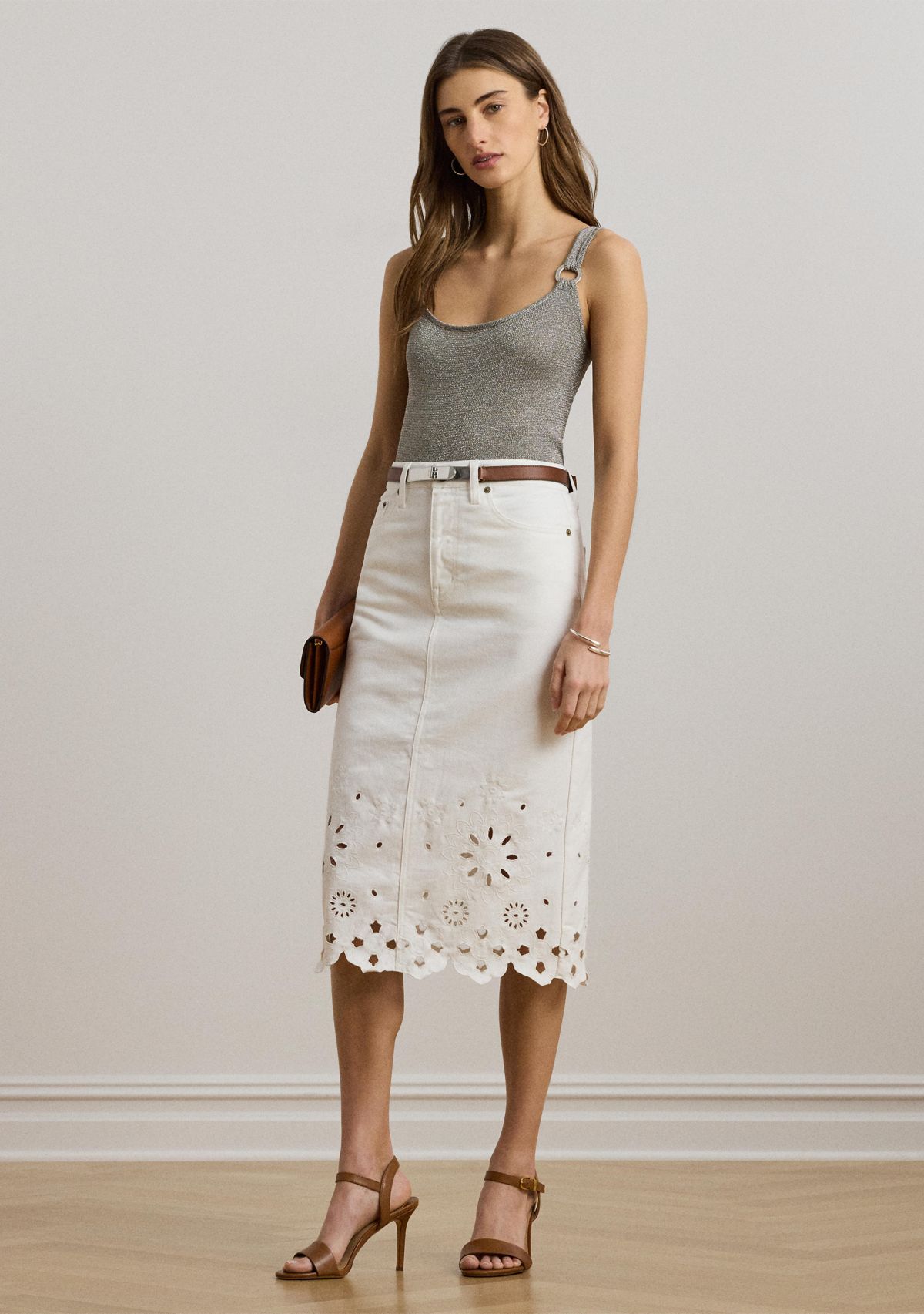 Eyelet Denim Midi Skirt