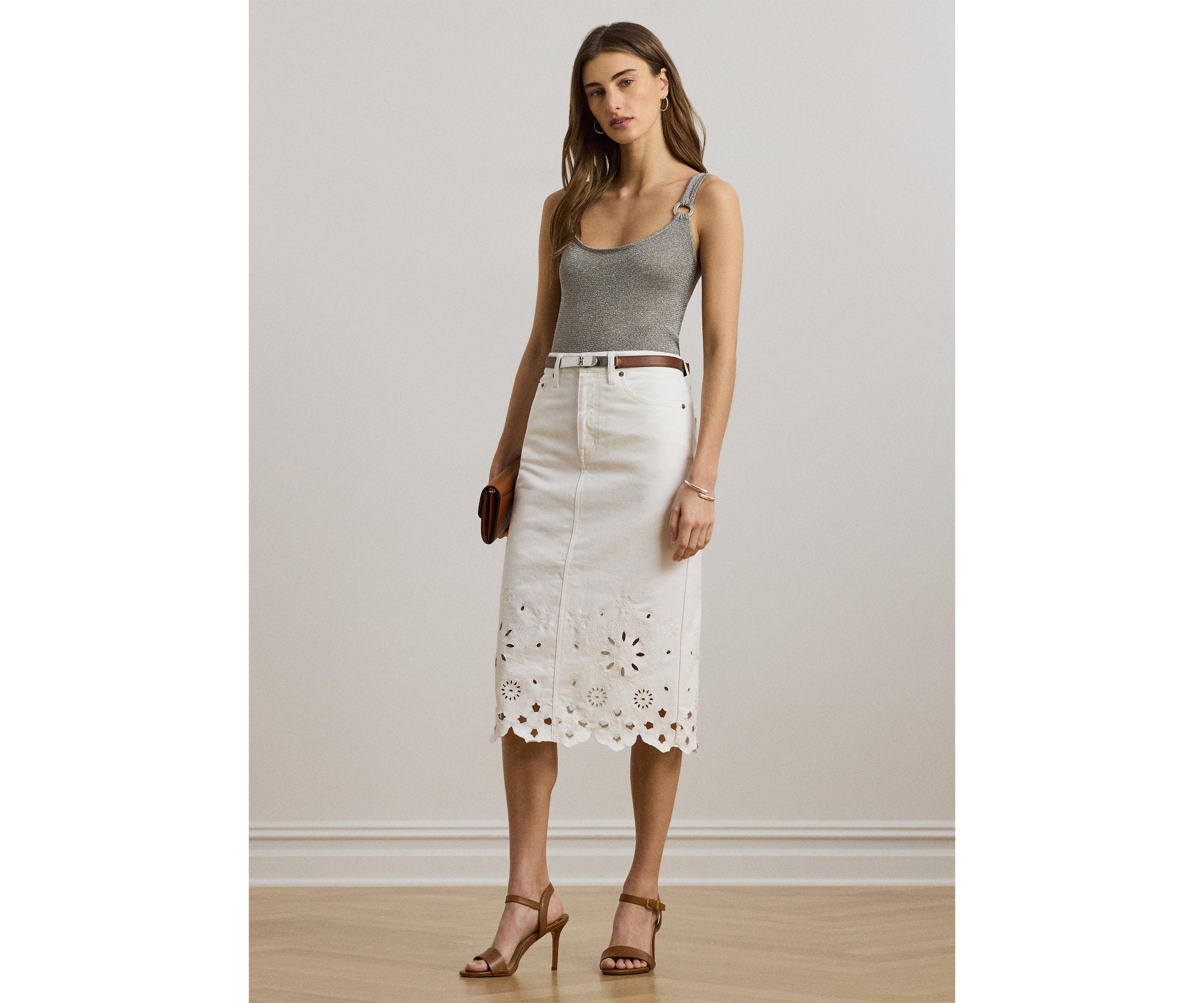 Eyelet Denim Midi Skirt