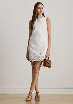 Lauren Ralph Lauren Women's Eyelet Denim Sleeveless Shift Dress, White, 8
