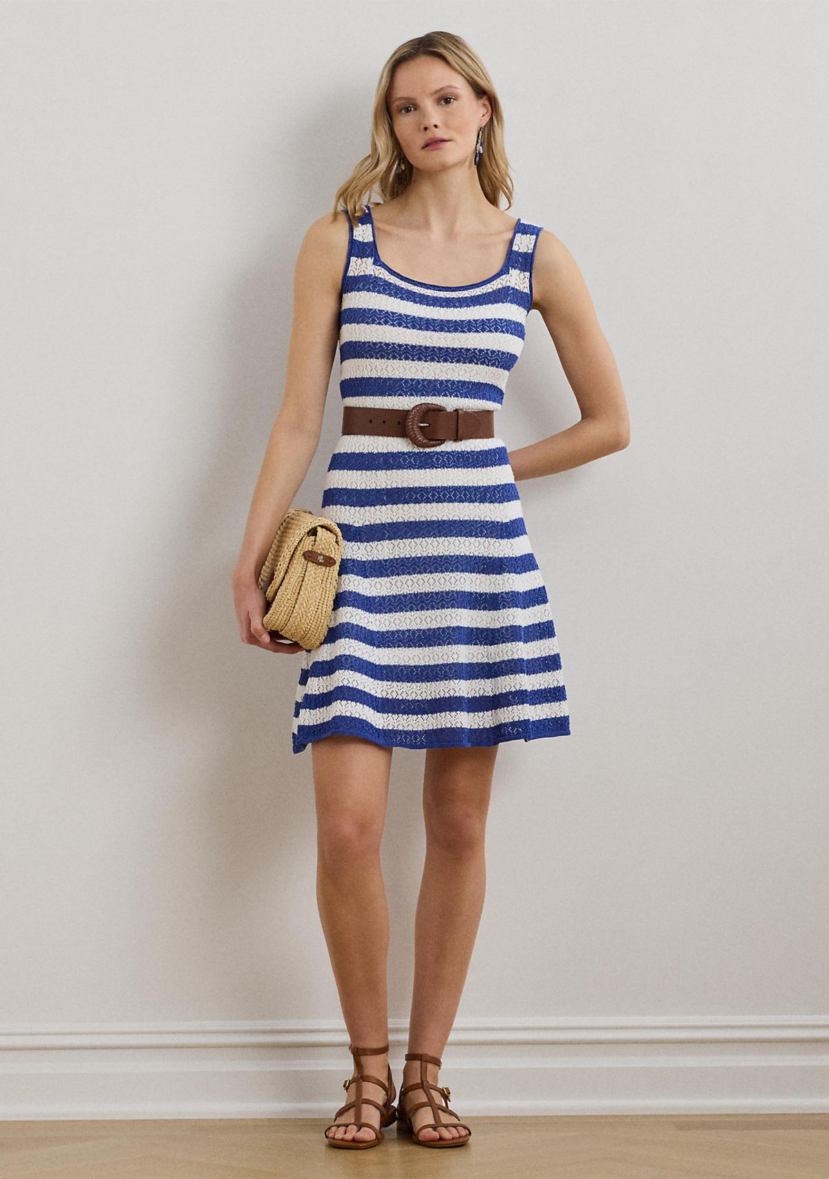 Striped Pointelle Knit Sweater Dress