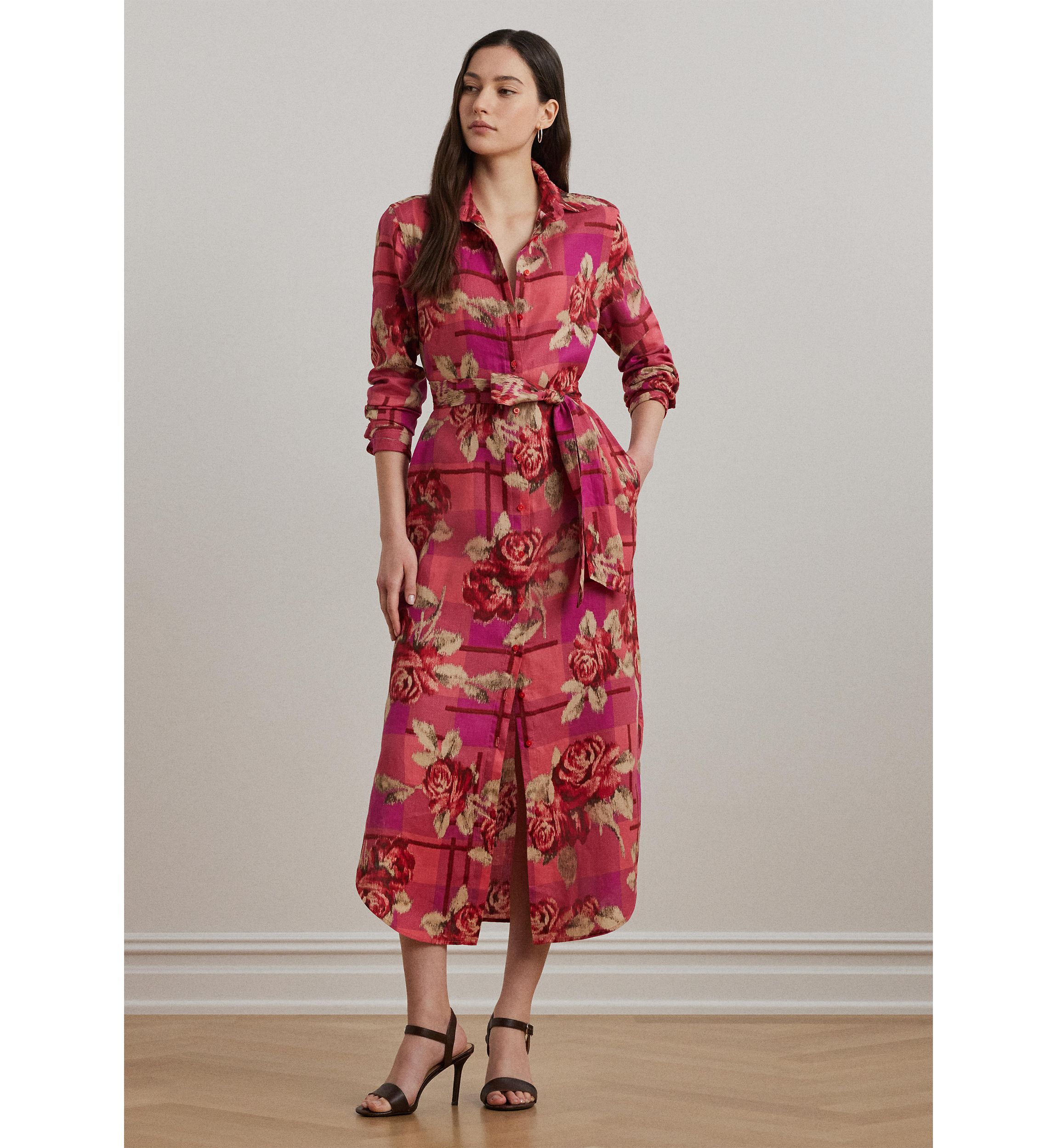 Womens Floral Checked Linen Shirtdress