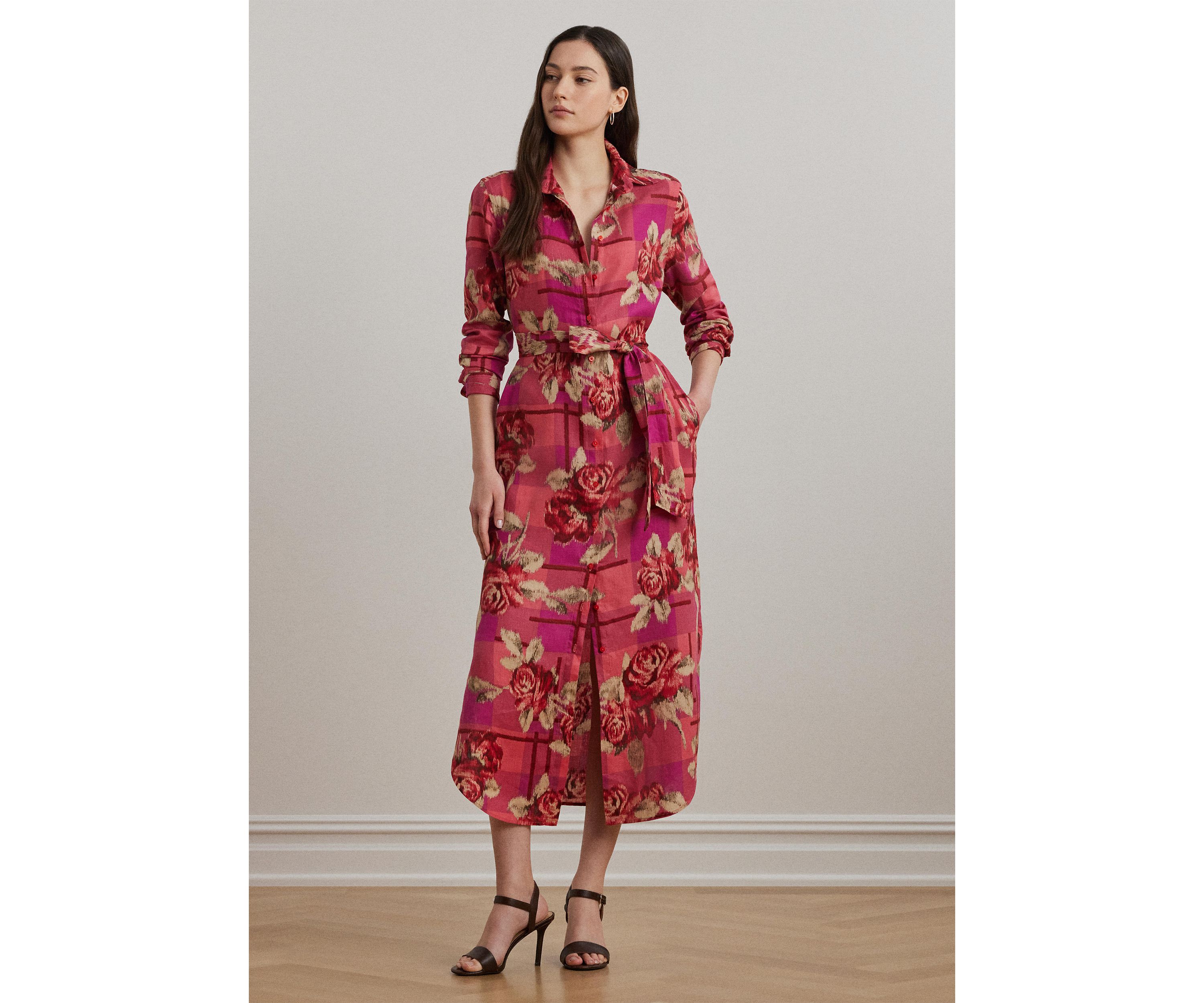 Womens Floral Checked Linen Shirtdress