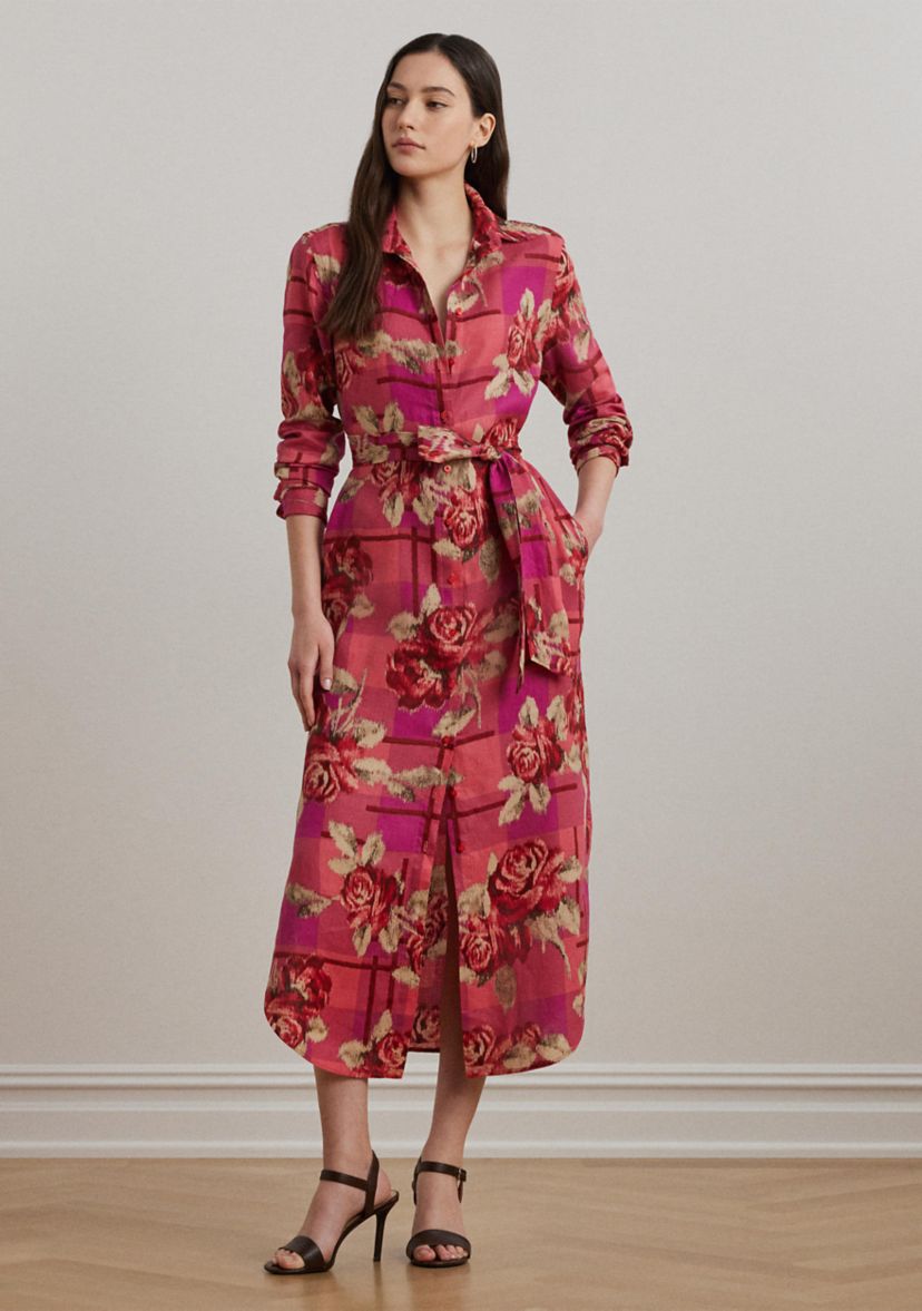 Womens Floral Checked Linen Shirtdress