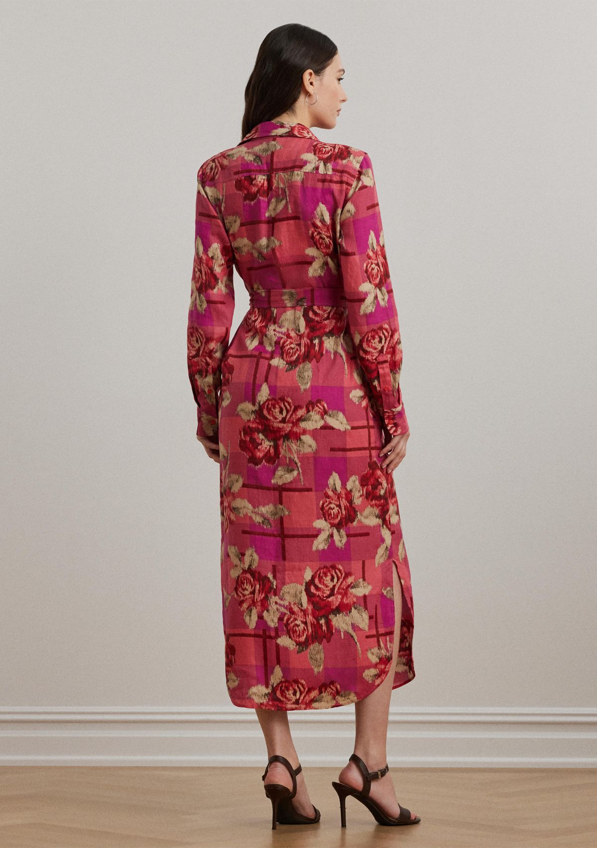 Womens Floral Checked Linen Shirtdress