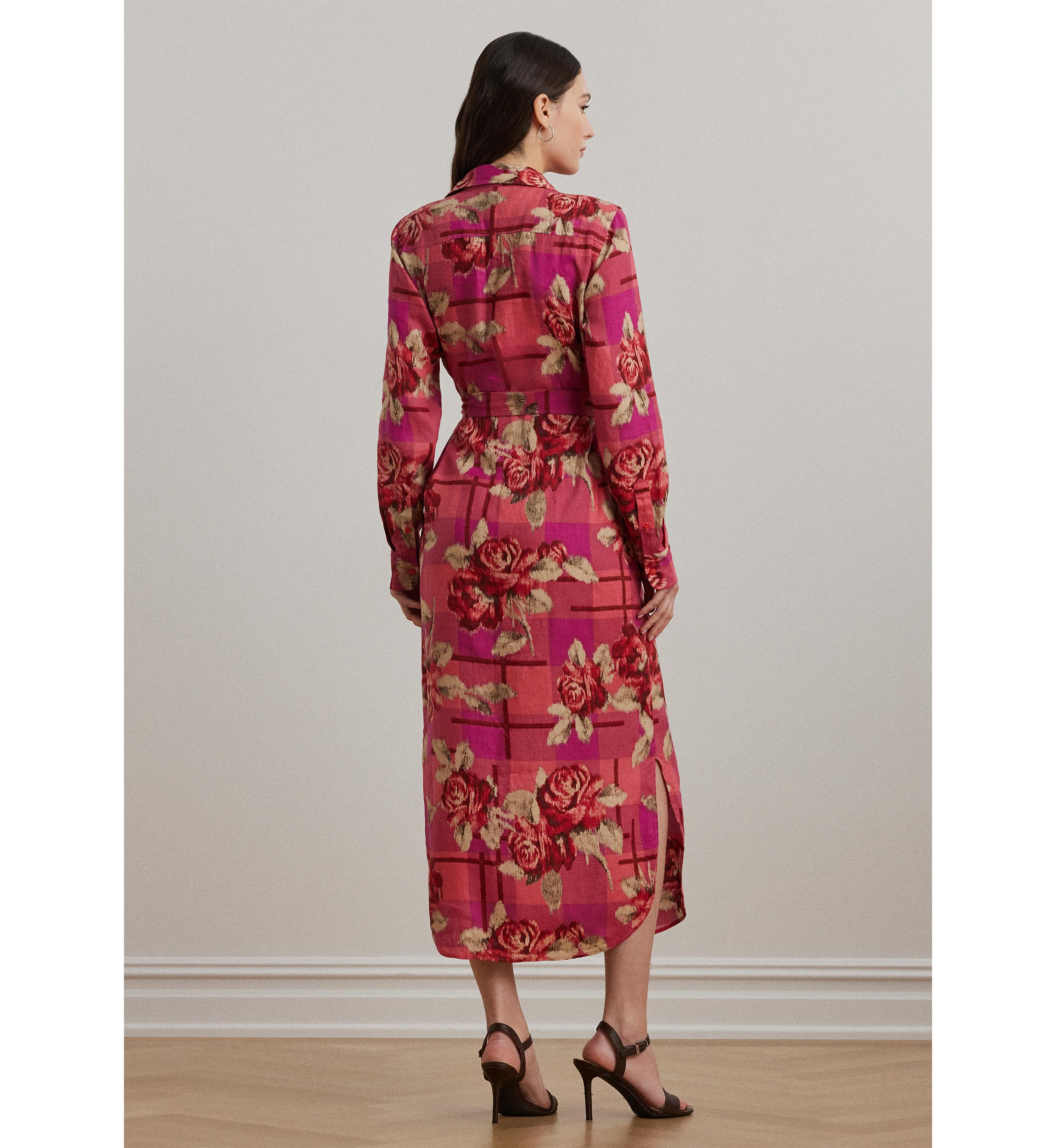 Womens Floral Checked Linen Shirtdress
