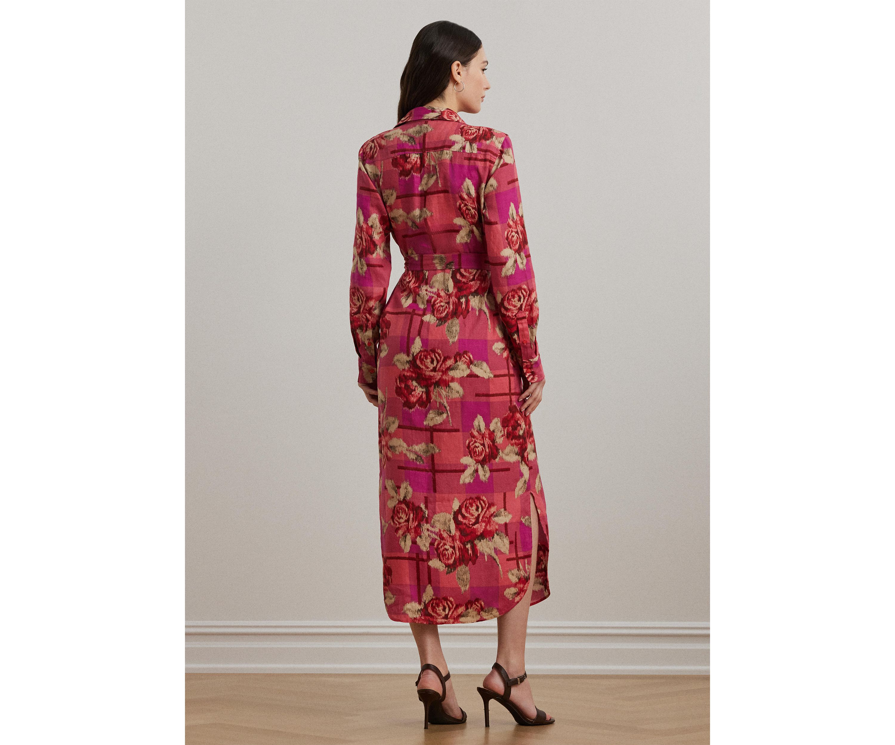 Womens Floral Checked Linen Shirtdress