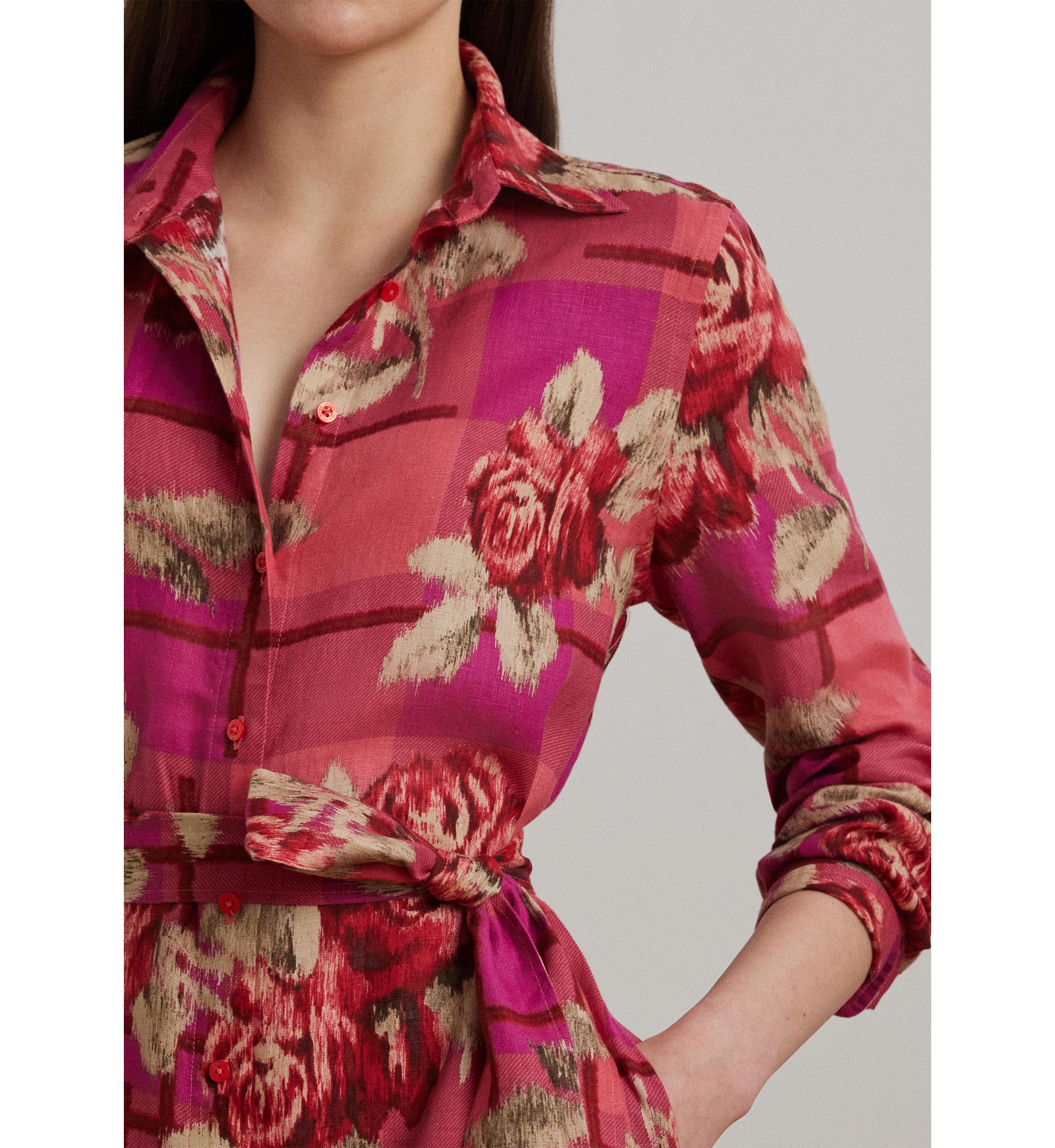 Womens Floral Checked Linen Shirtdress