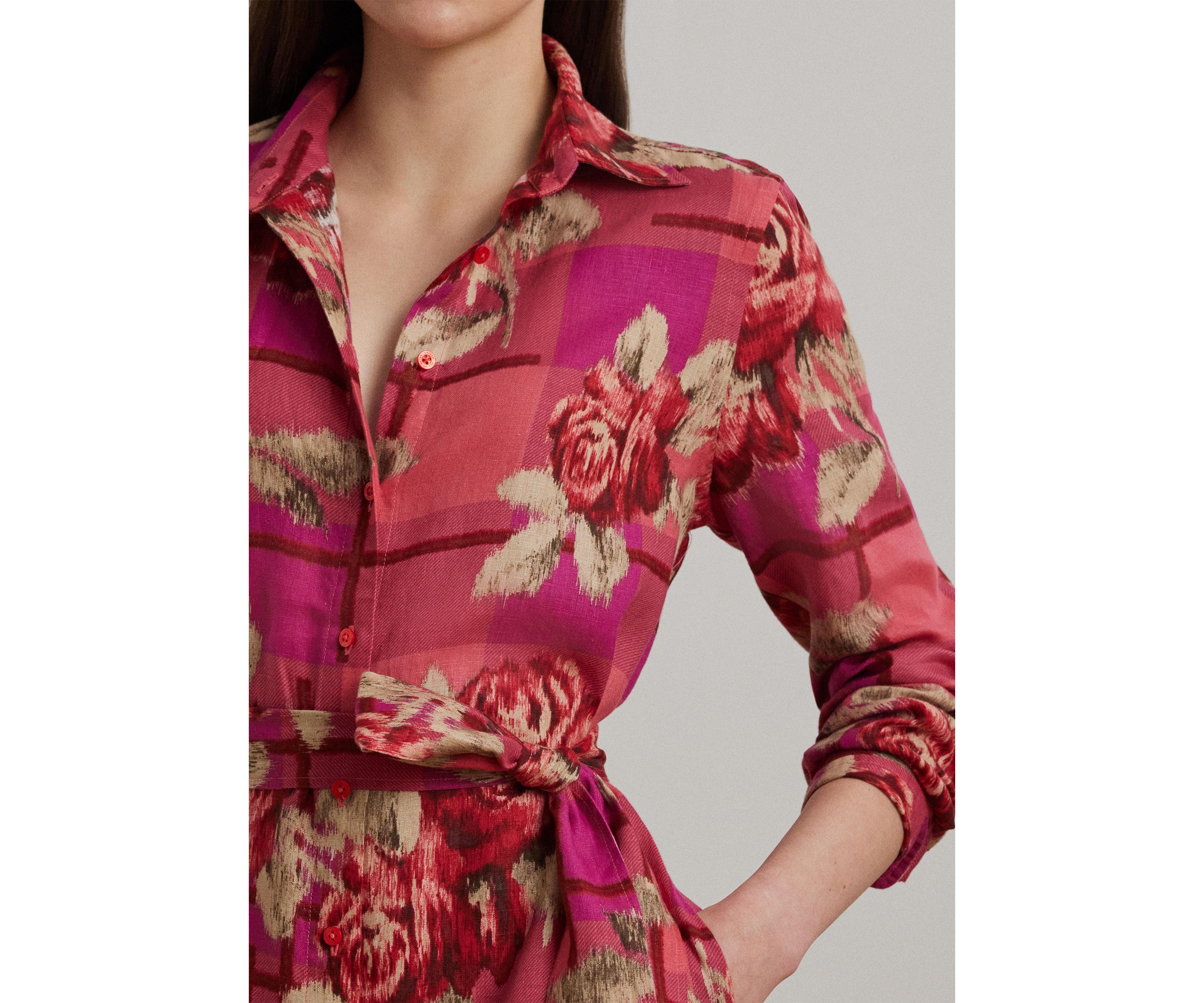 Womens Floral Checked Linen Shirtdress