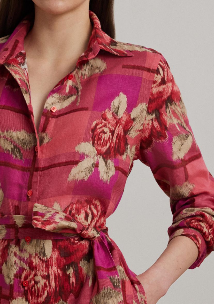 Womens Floral Checked Linen Shirtdress