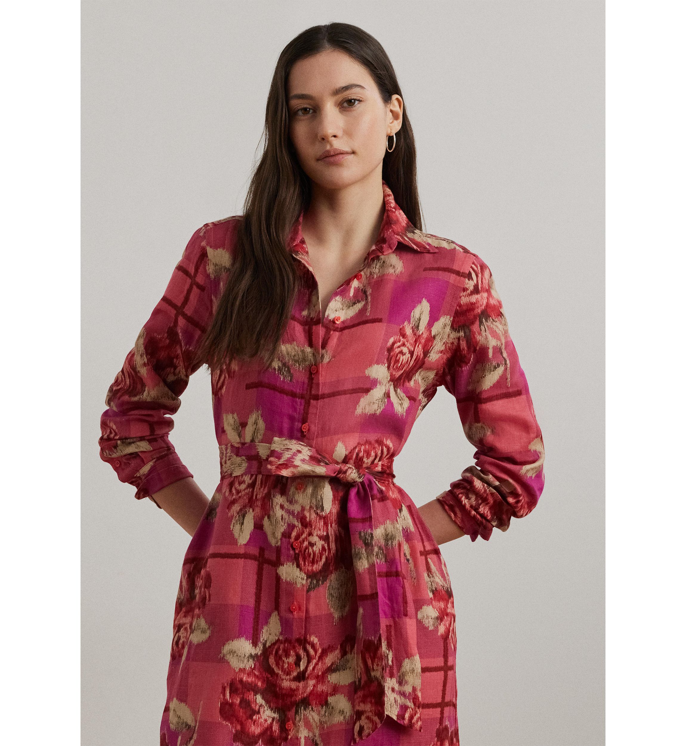 Womens Floral Checked Linen Shirtdress